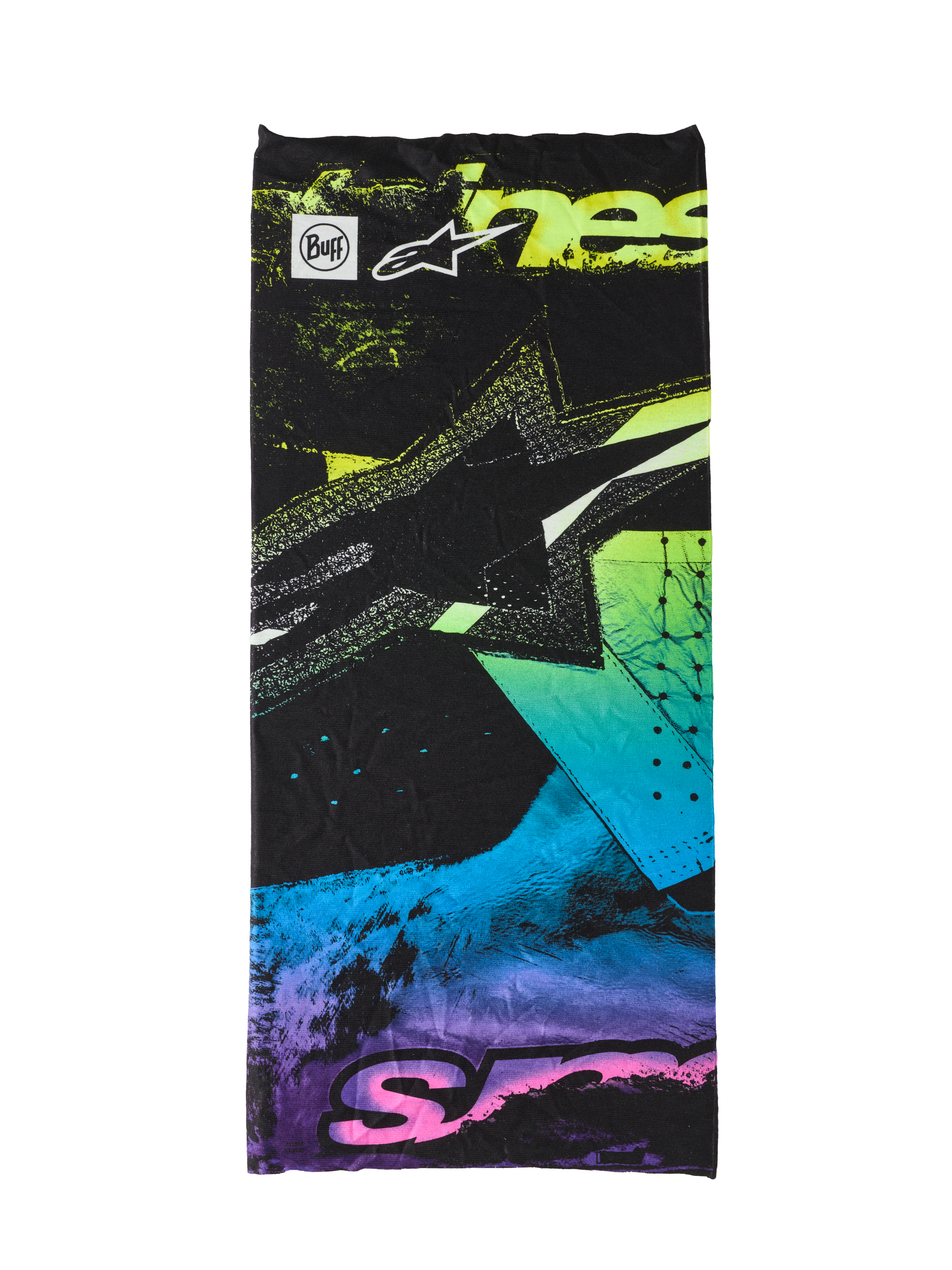 Alpinestars Buff Ignite Neck Tube, black with fluorescent pink, yellow, blue, and purple abstract graphics, featuring the Alpinestars star logo and Buff branding, seamless lightweight neck gaiter for motorcycle riding