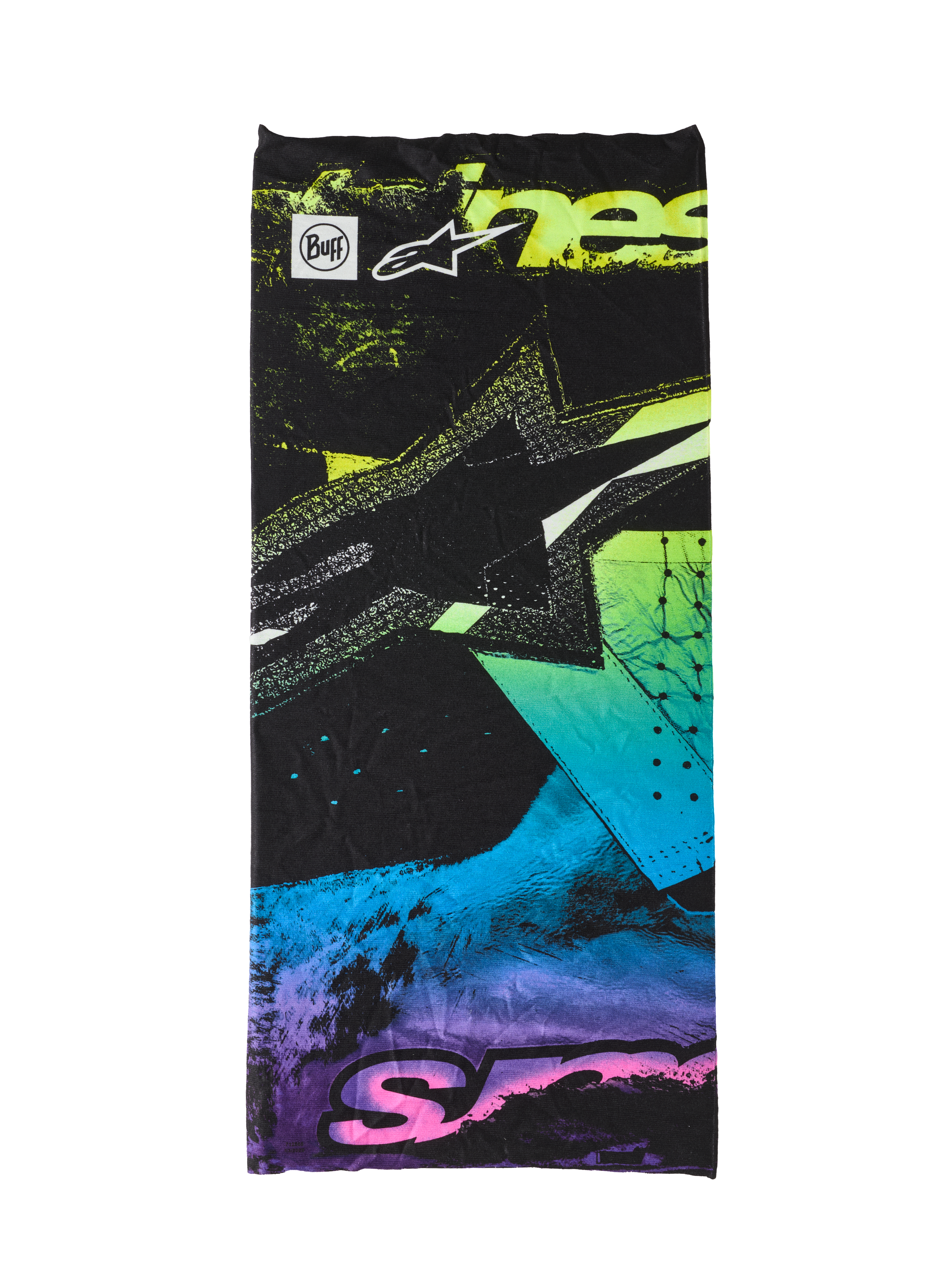 Alpinestars Buff Ignite Neck Tube, Schlauchtuch, Schwarz mit abstrakten Grafiken in fluoreszierendem Pink, Gelb, Blau und Lila, mit Alpinestars Stern-Logo und Buff-Branding, nahtloser, leichter Halsschutz zum Motorradfahren