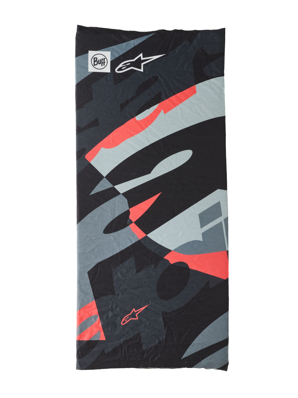 Buff Mogress Neck Tube, multifunktionales Halstuch, Black Camo Red Fluo, abstraktes Muster in Schwarz, Grau und fluoreszierendem Rot, leichtes nahtloses Material mit Buff- und Alpinestars-Sternlogos