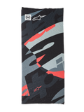Buff Mogress Neck Tube, multifunktionales Halstuch, Black Camo Red Fluo, abstraktes Muster in Schwarz, Grau und fluoreszierendem Rot, leichtes nahtloses Material mit Buff- und Alpinestars-Sternlogos