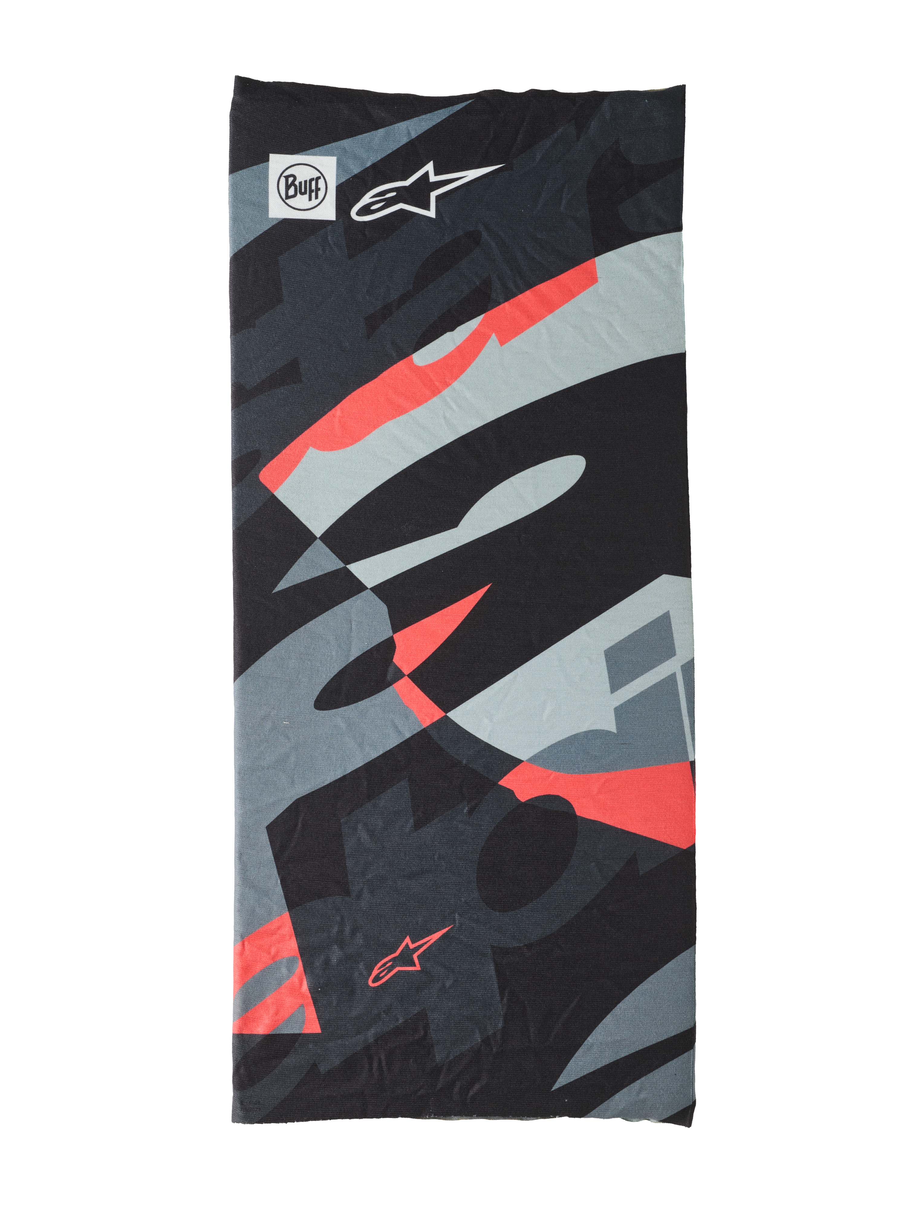 Buff Mogress Neck Tube, multifunktionales Halstuch, Black Camo Red Fluo, abstraktes Muster in Schwarz, Grau und fluoreszierendem Rot, leichtes nahtloses Material mit Buff- und Alpinestars-Sternlogos