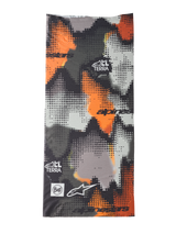 Buff Nazca Neck Tube, Halstuch mit abstraktem Camouflage-Muster, Orange, Schwarz, Grau und Weiß, pixeliertes Design mit Alpinestars und Buff Logos, glatte Textur