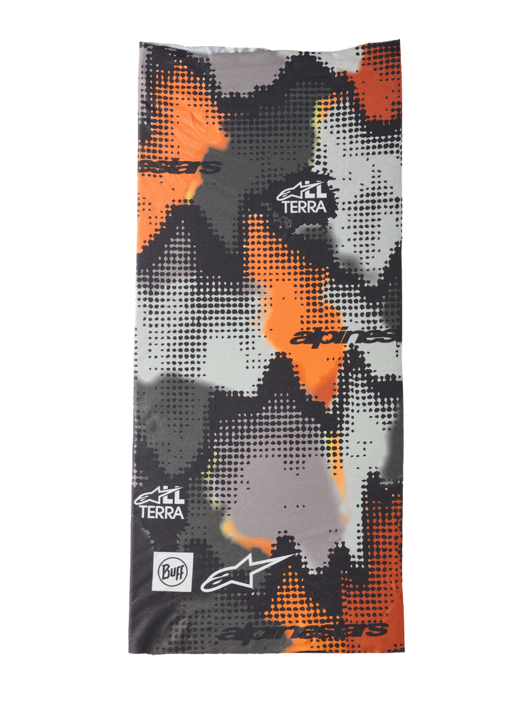 Buff Nazca Neck Tube, Halstuch mit abstraktem Camouflage-Muster, Orange, Schwarz, Grau und Weiß, pixeliertes Design mit Alpinestars und Buff Logos, glatte Textur