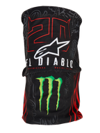 Alpinestars FQ20 Neck Tube Monster, leichter Motorrad-Nackenschlauch, Schwarz mit roter „20“ und weißer „El Diablo“-Grafik, weißes Alpinestars-Logo und grüne Monster Energy-Kralle, vom Rennsport inspiriertes Accessoire mit seidiger Textiltextur