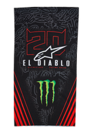Alpinestars FQ20 Neck Tube Monster, leichter Motorrad-Nackenschlauch, Schwarz mit roten und grünen Akzenten, mit „20“- und „EL DIABLO“-Grafiken, Monster Energy Krallen-Logo, weißem Alpinestars-Logo und roten diagonalen Streifen auf einem tonalen Graffiti-Hintergrund