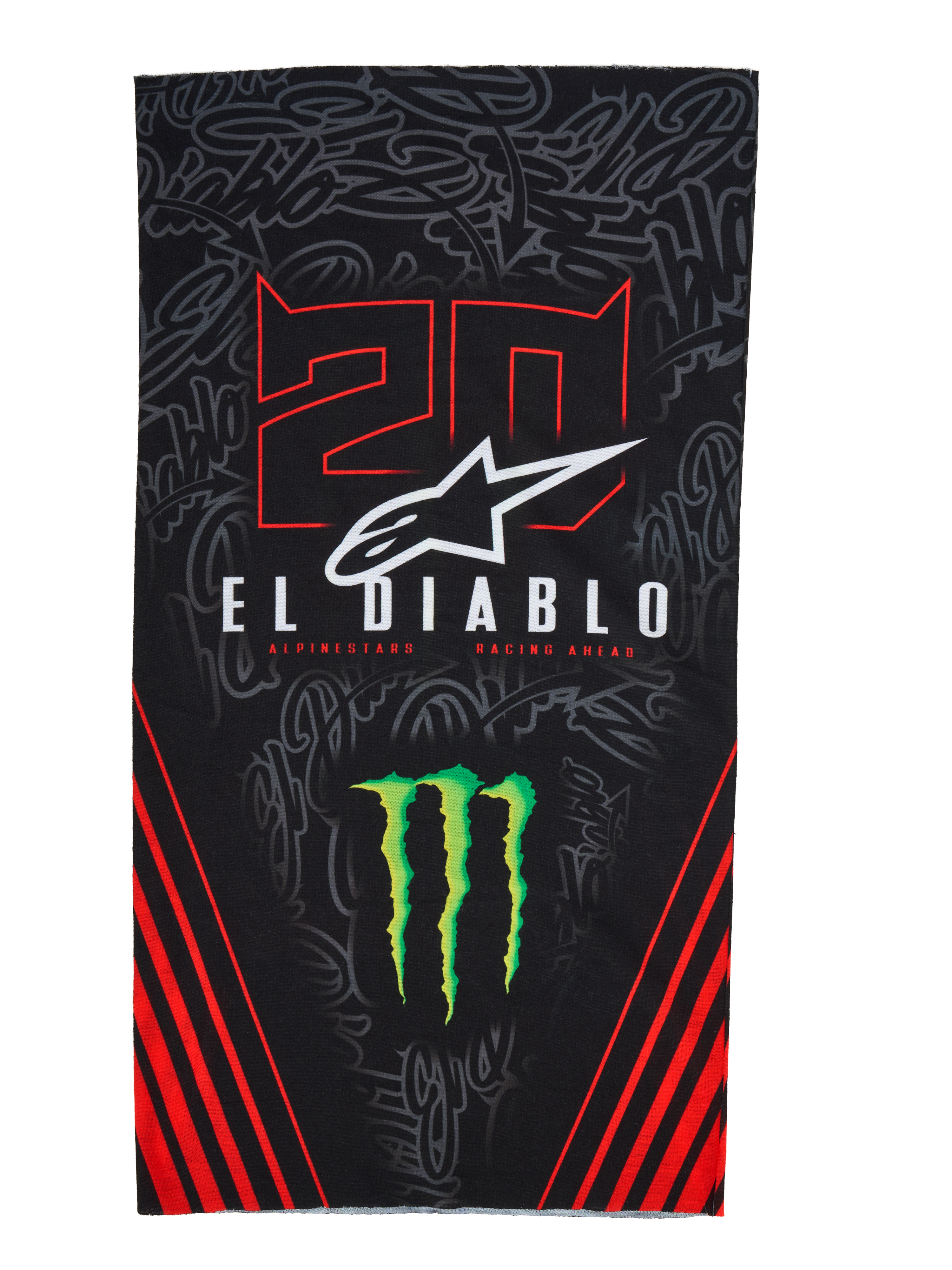 Alpinestars FQ20 Neck Tube Monster, leichter Motorrad-Nackenschlauch, Schwarz mit roten und grünen Akzenten, mit „20“- und „EL DIABLO“-Grafiken, Monster Energy Krallen-Logo, weißem Alpinestars-Logo und roten diagonalen Streifen auf einem tonalen Graffiti-Hintergrund
