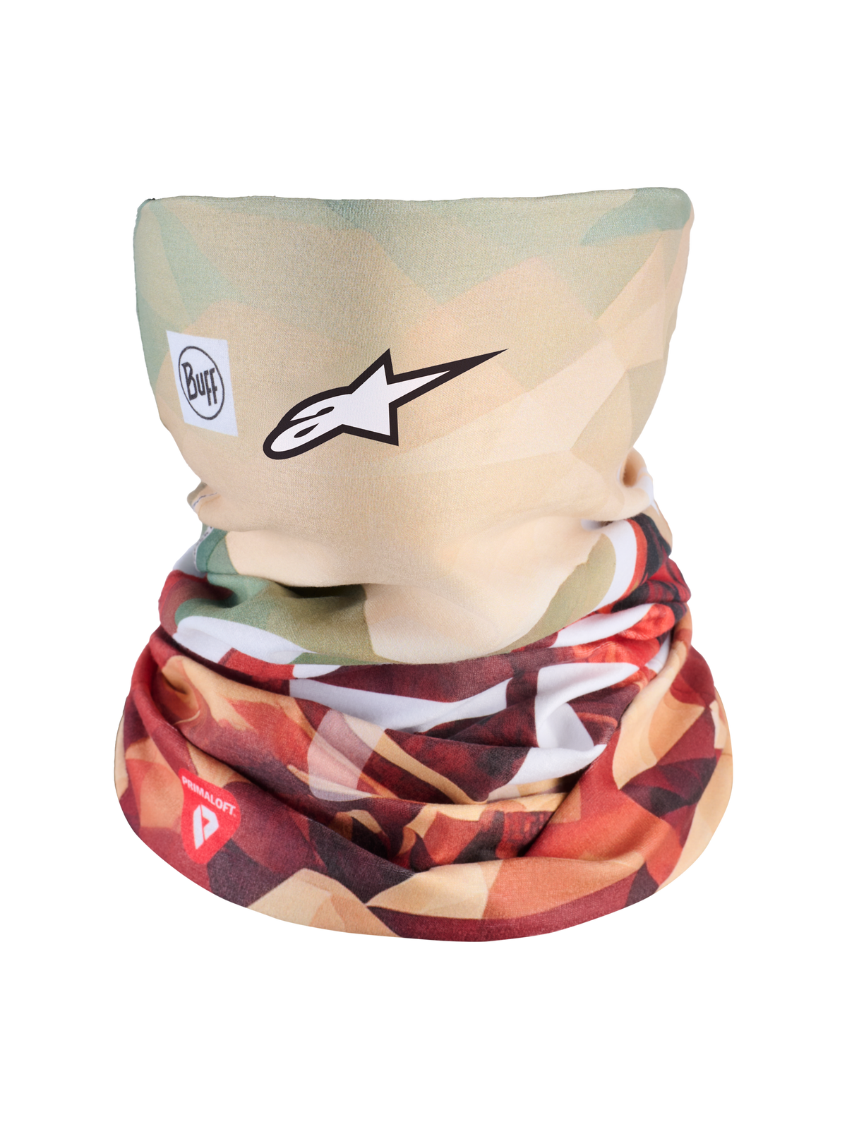 Alpinestars Buff Peaks Primaloft Neck Tube, Motorrad-Halsrohr in Erdbraun und Rot mit PrimaLoft-Isolierung und Alpinestars-Logo
