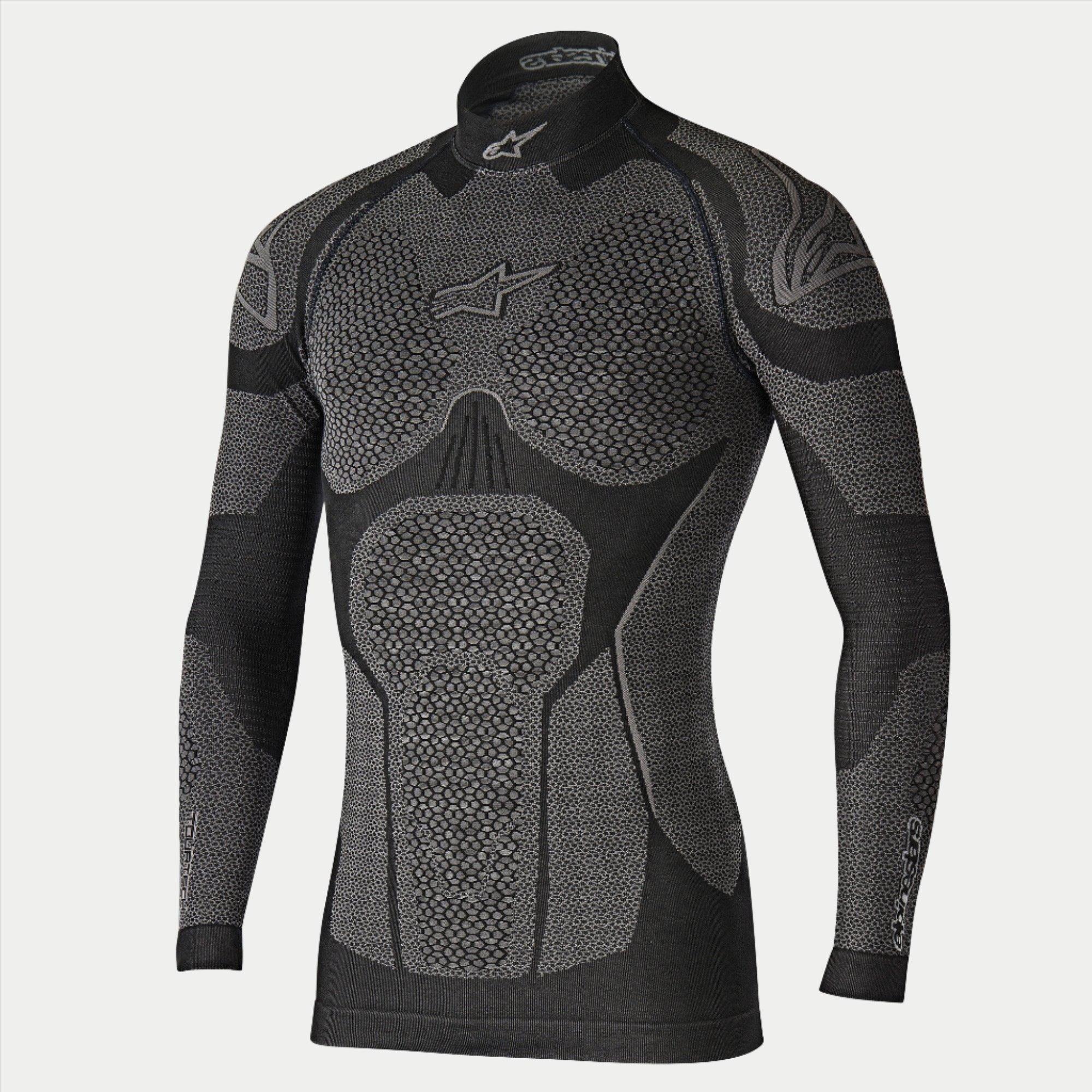 Alpinestars Ride Tech Top Langarm Winter, Motorrad-Funktionsunterwäsche, Schwarz und Grau, technisches Langarmoberteil mit wabenförmig strukturierten Einsätzen mit dualer Dichte, Kompressionspassform, Stehkragen mit weißem Alpinestars-Logo, Performance-Thermo-Unterwäsche für kaltes Wetter
