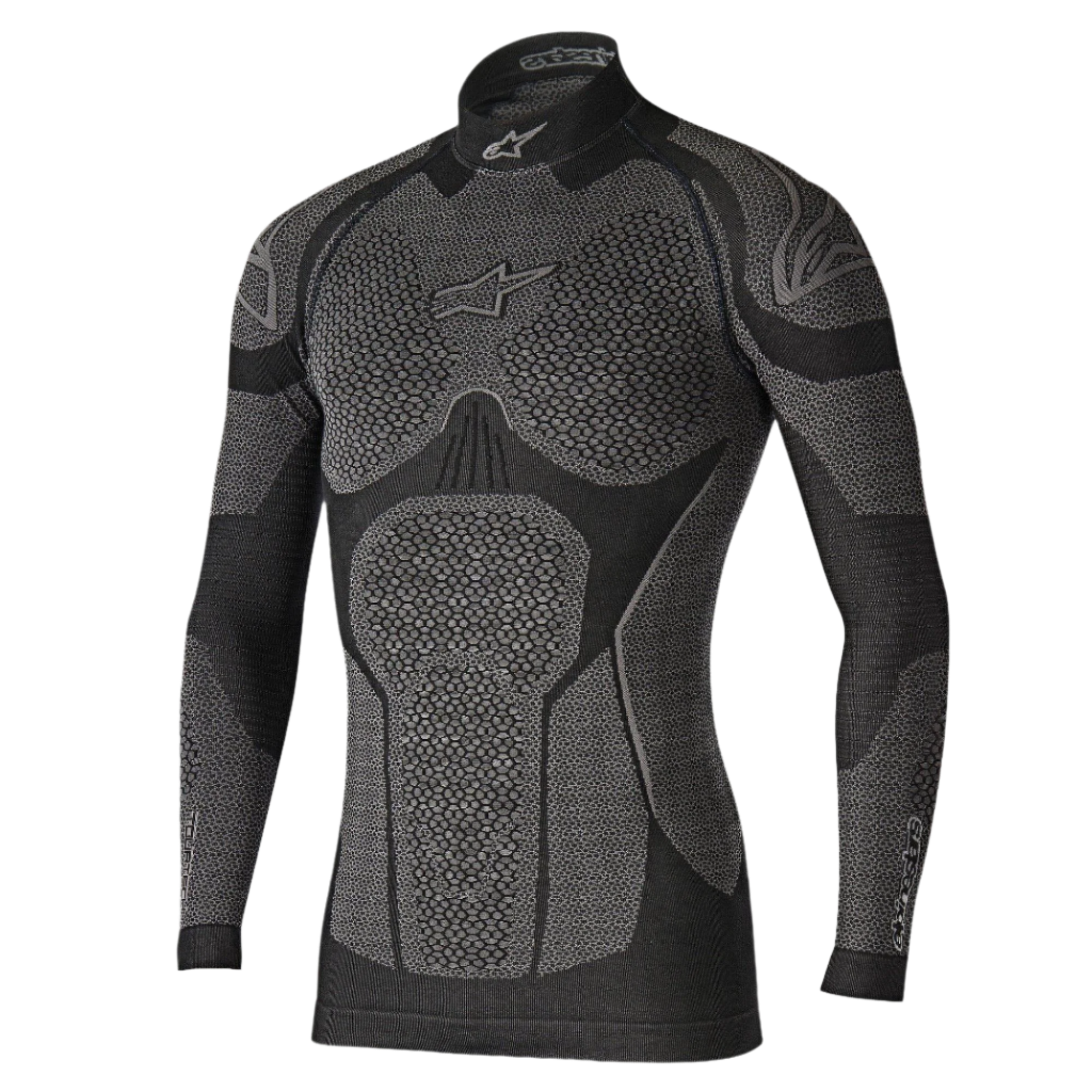 Alpinestars Ride Tech Top Langarm Winter, technisches Funktionsunterhemd, Schwarz und Grau, mit wabentexturierten Einsätzen, Stehkragen-Design und Kompressionspassform für das Motorradfahren bei kaltem Wetter