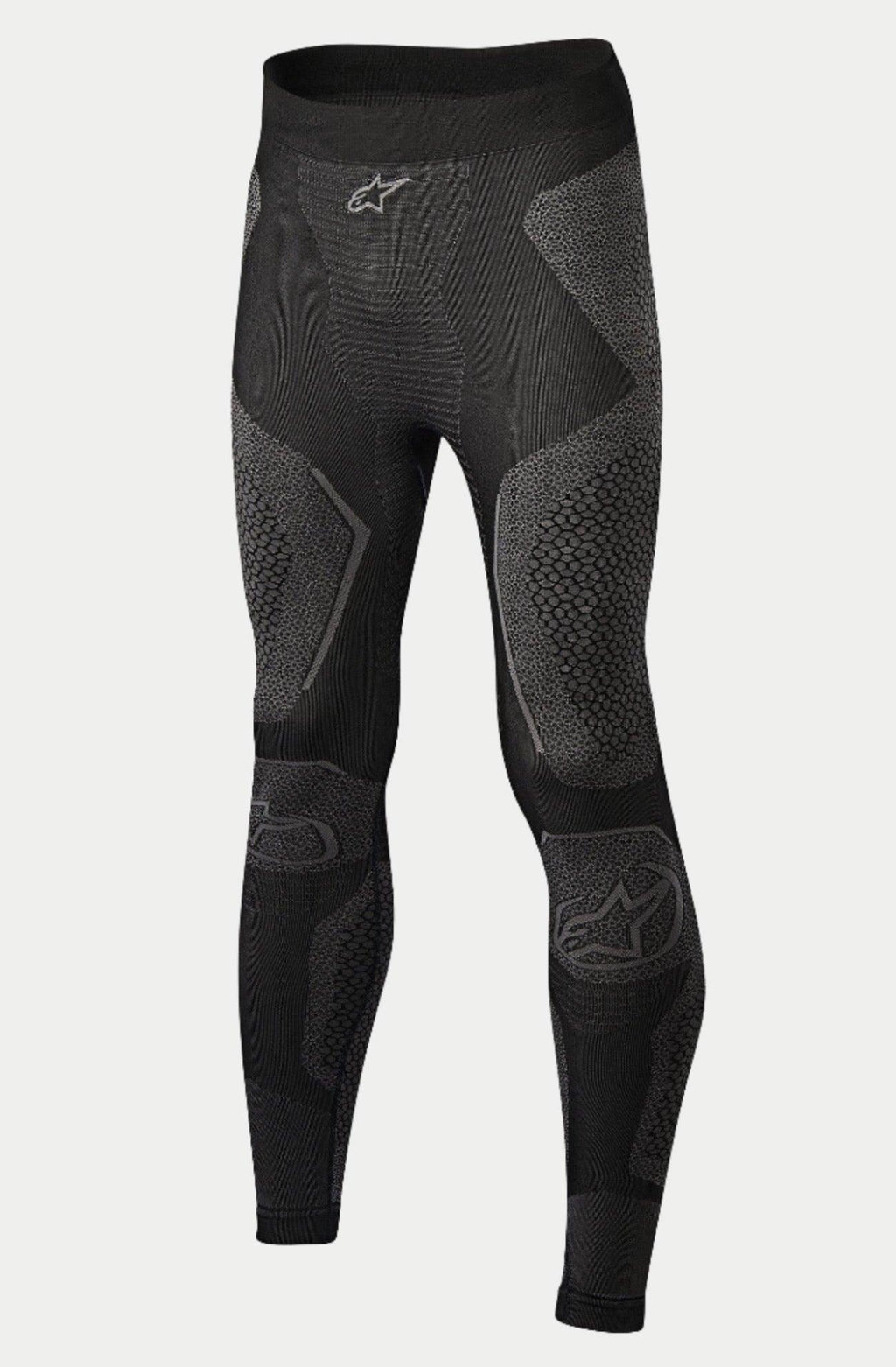 Alpinestars Ride Tech Unterteil Winter, Motorrad-Basisschicht-Hose, Schwarz und Grau, mit Dual-Density-Strickeinsätzen und strukturierten Mustern, nahtlose Konstruktion, Alpinestars-Logos am Bund und an den Schienbeinen, entwickelt für Fahrten bei kaltem Wetter