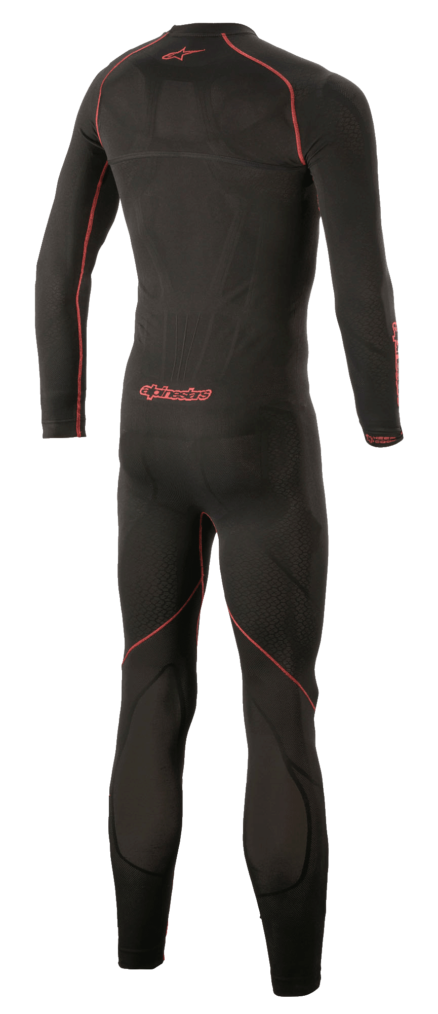 Alpinestars Ride Tech Lite einteiliger Unteranzug, technische Motorrad-Basisschicht, Schwarz und Rot, Rückansicht mit Fokus auf rote Flachnähte und das Alpinestars-Logo, nahtlose Kompressionspassform mit atmungsaktiven Mesh-Einsätzen