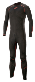 Alpinestars Ride Tech Lite 1-Piece Undersuit, Schwarz mit roten Akzenten, körpernaher einteiliger Motorrad-Unteranzug mit strukturiertem Muster, rote Paspeldetails an Schultern, Armen und Beinen, rotes Stern-Logo auf Brust und Oberschenkel, nahtlose Panel-Konstruktion für optimalen Komfort unter Rennanzügen