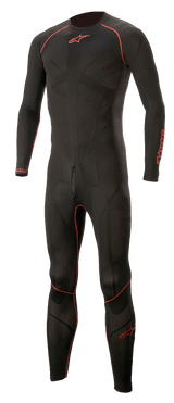 Introducing the Alpinestars EU Ride Tech Lite 1-Piece Undersuit in Black/Red, a full-body racing suit perfect for motorsports and designed specifically for warm weather riding. This suit boasts a sleek, aerodynamic design with striking red accents along the arms, legs, and torso. Its textured fabric provides enhanced grip and flexibility, while the brand logo is prominently displayed on both the chest and sleeves.