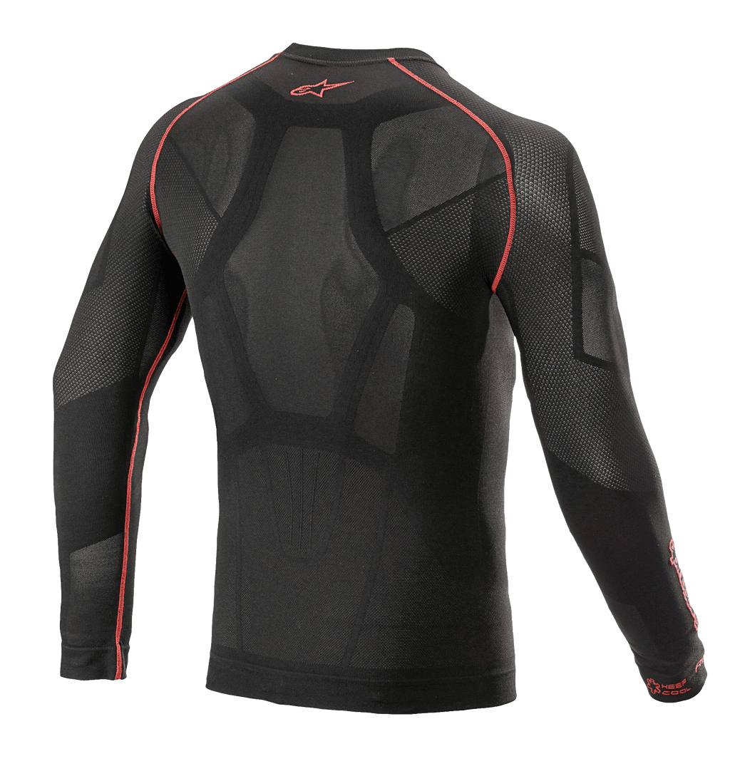 Alpinestars Ride Tech V2 Langarm-Oberteil Summer, Motorrad-Base-Layer, Schwarz und Rot, Rückansicht mit körperbetonter Konstruktion, offenen Netzeinsätzen, roten Flatlock-Nähten und rotem Alpinestars-Logo am Kragen, technische Funktionswäsche für warmes Wetter