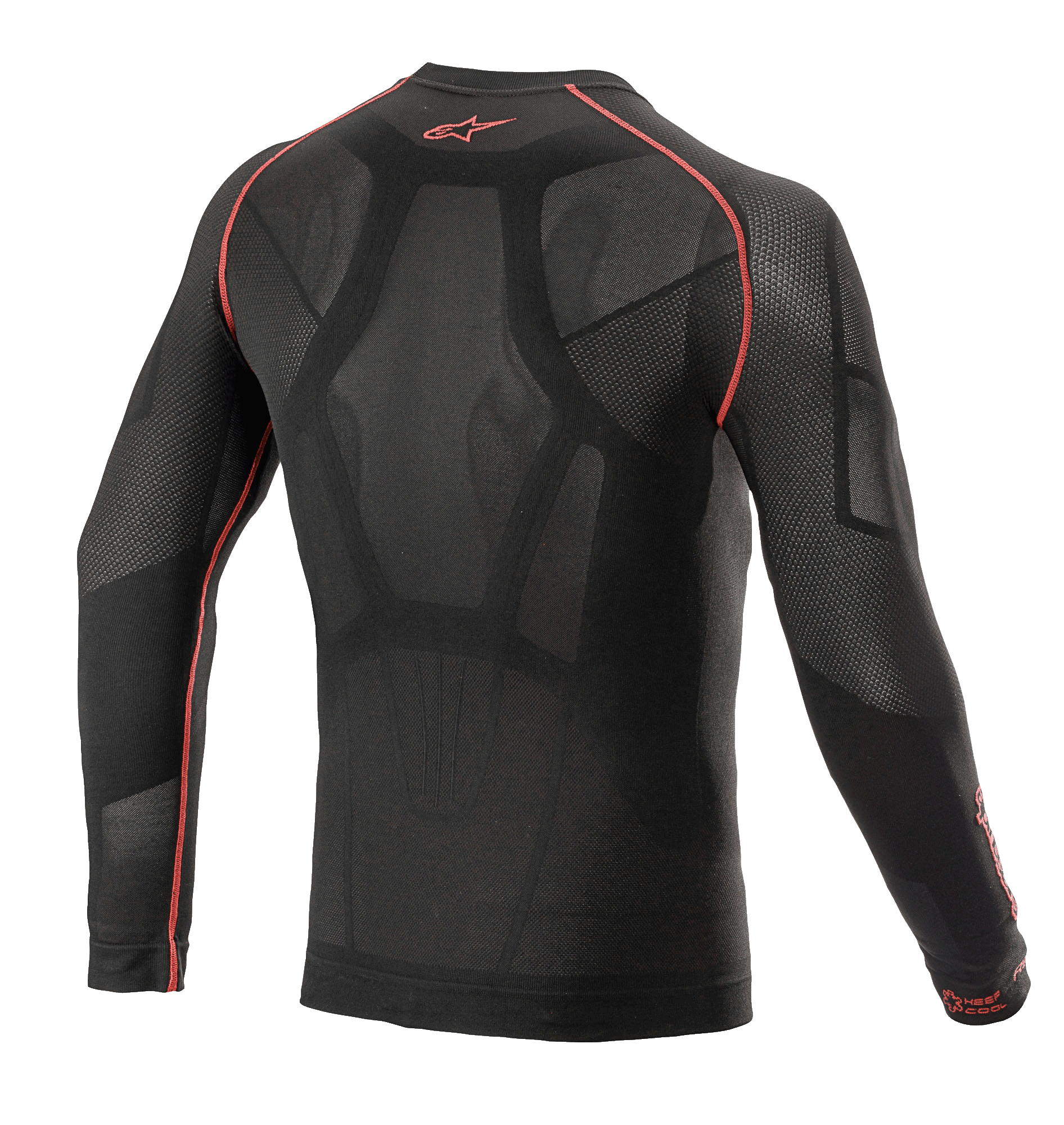 Alpinestars Ride Tech V2 Langarm-Oberteil Summer, Motorrad-Base-Layer, Schwarz und Rot, Rückansicht mit körperbetonter Konstruktion, offenen Netzeinsätzen, roten Flatlock-Nähten und rotem Alpinestars-Logo am Kragen, technische Funktionswäsche für warmes Wetter
