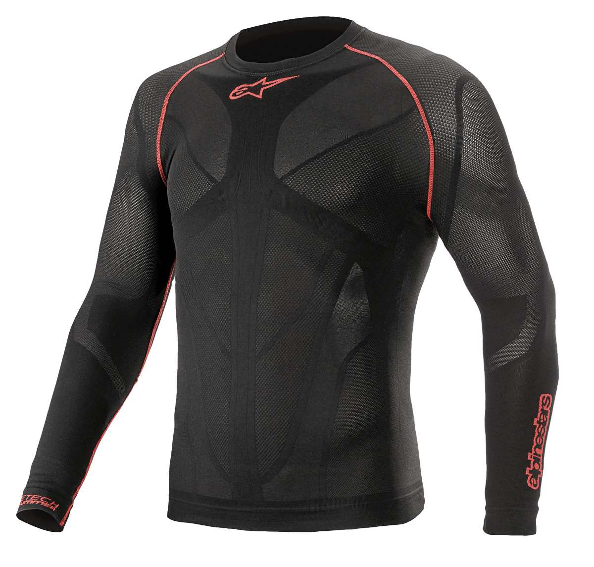 Alpinestars Ride Tech V2 Top Langarm Sommer, Motorrad-Funktionsshirt, Schwarz und Rot, mit atmungsaktiven, körpernahen Mesh-Einsätzen, roten Flachnähten an den Schultern und Alpinestars-Logos auf der Brust und am Ärmel