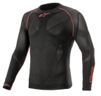 Alpinestars Ride Tech V2 Top Langarm Sommer, Motorrad-Funktionsshirt, Schwarz und Rot, mit atmungsaktiven, körpernahen Mesh-Einsätzen, roten Flachnähten an den Schultern und Alpinestars-Logos auf der Brust und am Ärmel