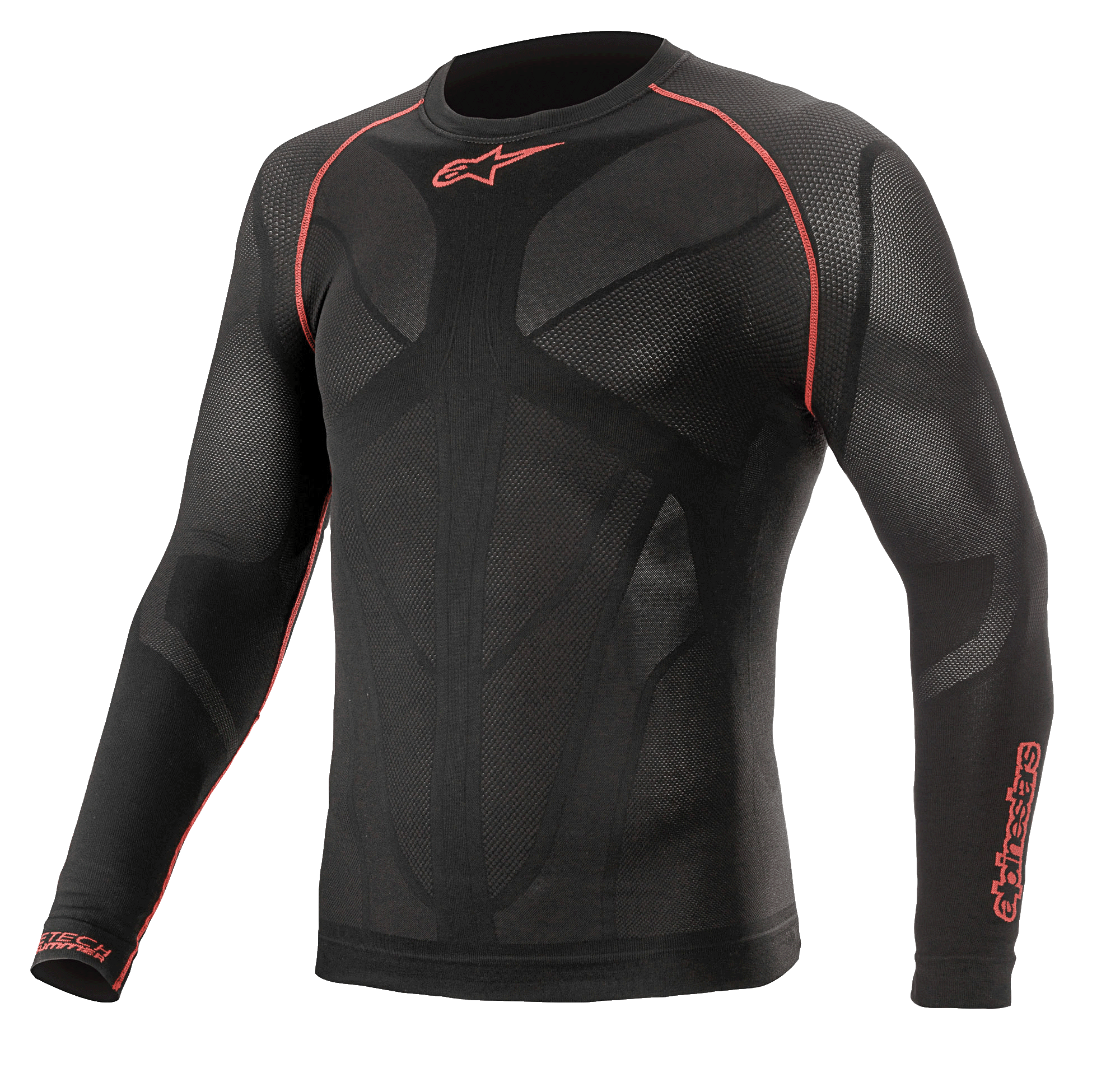 Alpinestars Ride Tech V2 Top Langarm Sommer, Motorrad-Funktionsshirt, Schwarz und Rot, mit atmungsaktiven, körpernahen Mesh-Einsätzen, roten Flachnähten an den Schultern und Alpinestars-Logos auf der Brust und am Ärmel