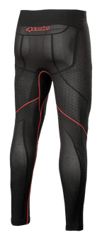 Alpinestars Ride Tech V2 Bottom Summer, Motorrad-Base-Layer-Hose, Schwarz und Rot, Rückansicht mit roten Kontrastnähten, rotem Alpinestars-Logo am Bund und atmungsaktiven Mesh-Einsätzen für Fahrten bei warmem Wetter.