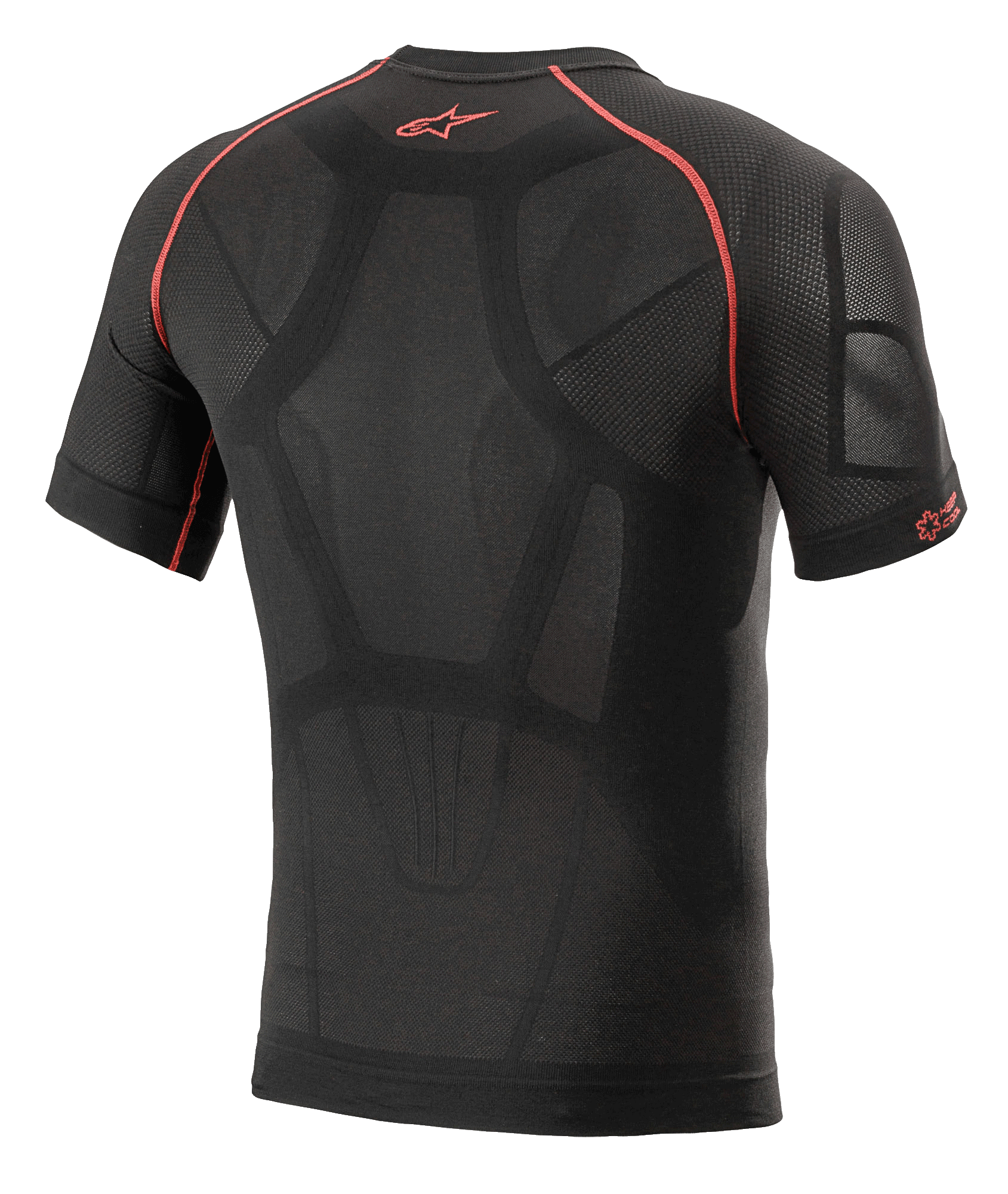 Alpinestars Ride Tech V2 Kurzarm-Oberteil Sommer, Motorrad-Funktionswäsche, Schwarz und Rot, Rückansicht mit körperbetonter Konstruktion, Mesh-Belüftungseinsätzen, roten Kontrastnähten und rotem Astars-Logo auf dem oberen Rücken