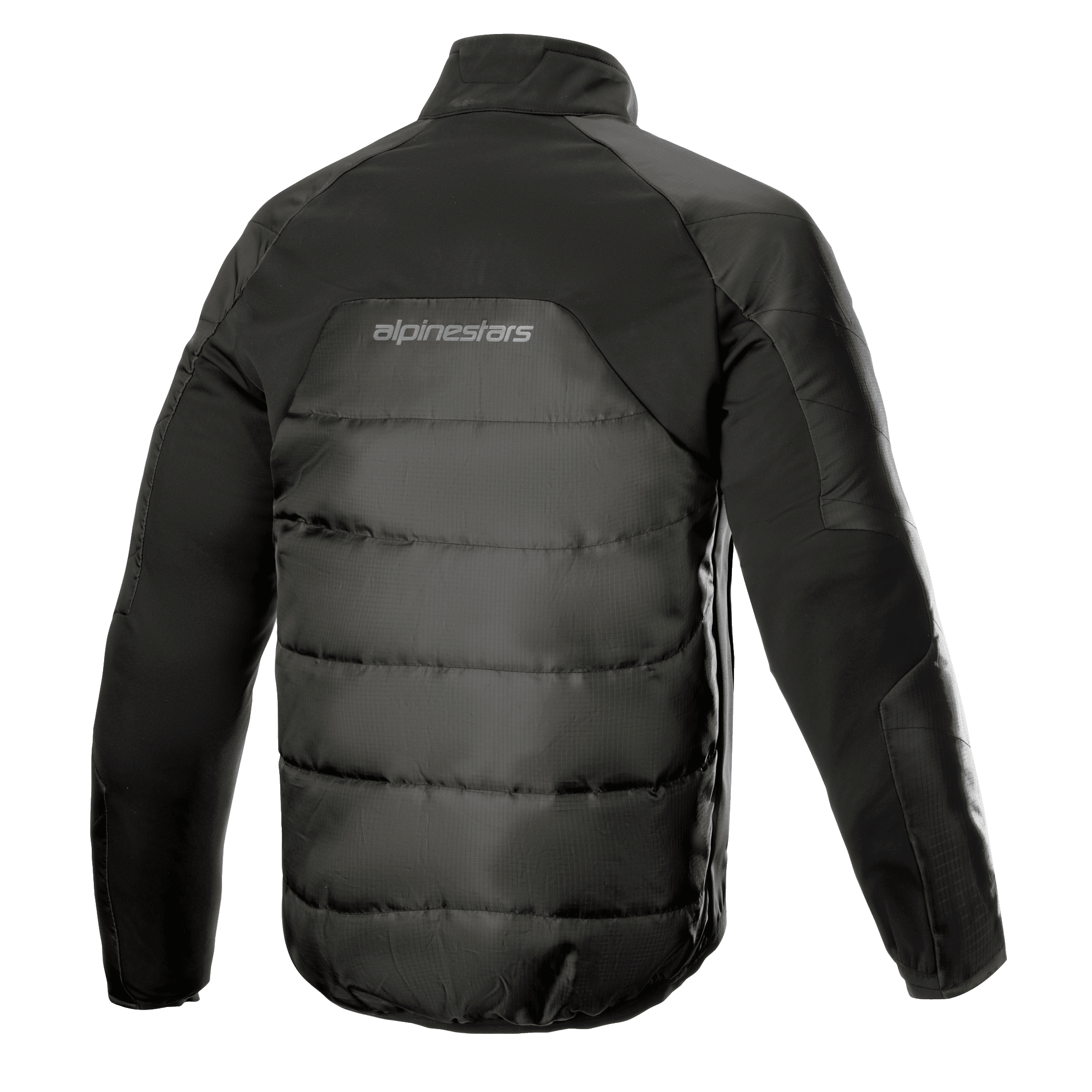 Alpinestars AMT Thermo-Innenjacke, schwarze Thermo-Mittelschicht-Jacke, Rückansicht mit gesteppter 3L-Ripstop-Konstruktion, PrimaLoft-Isolierung und Alpinestars-Logo auf dem oberen Rücken