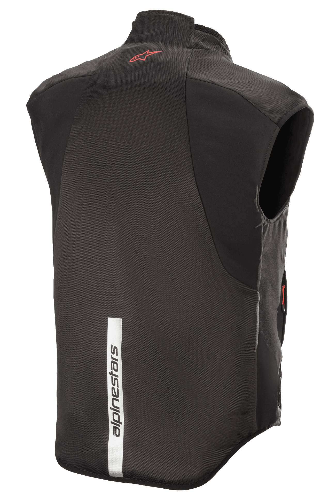 Alpinestars HT Heat Tech Weste, Schwarz, Rückansicht mit einem roten Astars-Logo auf dem oberen Rücken und einem vertikalen reflektierenden weißen Streifen mit Alpinestars-Schriftzug auf dem unteren Rücken, beheizbarer Motorrad-Base-Layer