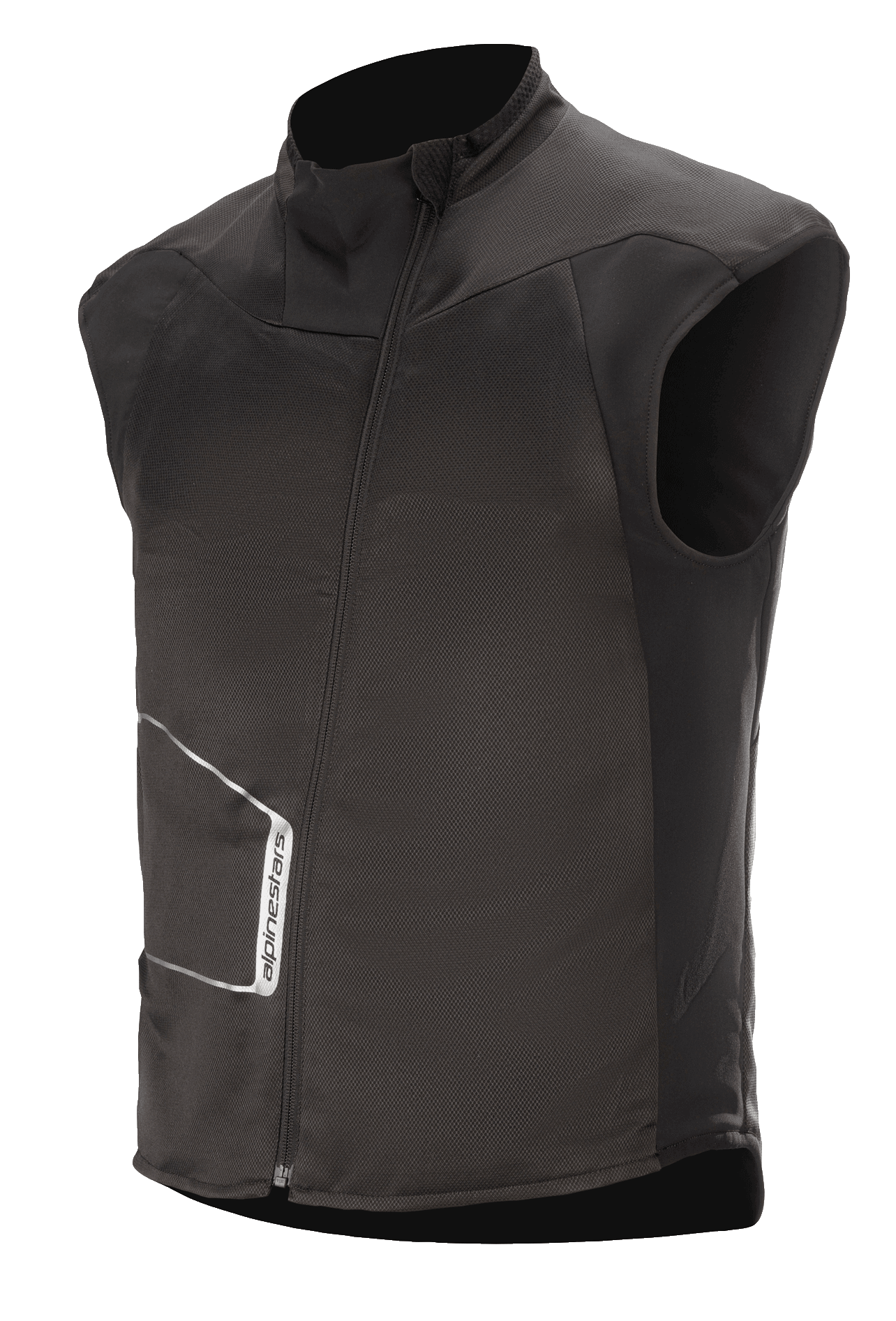 Alpinestars HT Heat Tech Vest, Black sleeveless heated motorcycle base layer, high collar with asymmetric angled front zipper, technical textile construction with white Alpinestars logo, thermal underlayer for winter adventure and road touring