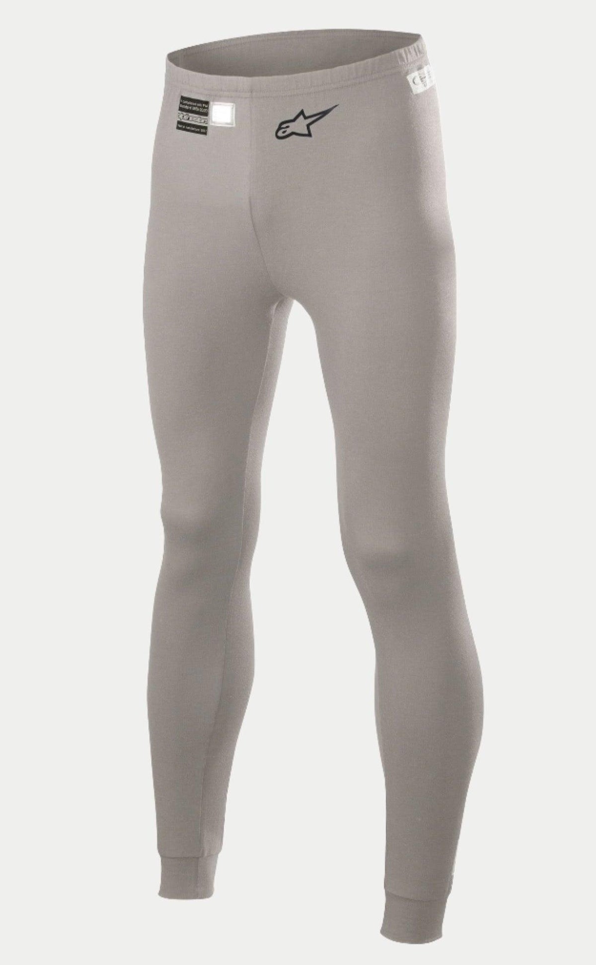 Alpinestars Race V2 Unterteil FIA, Auto-Rennsport-Basisschicht-Hose, Mittelgrau, mit schwarzem Stern-Logo auf dem Bein und FIA-Homologationslabel am Bund, leichtes, flammhemmendes Material mit Bündchen an den Knöcheln.