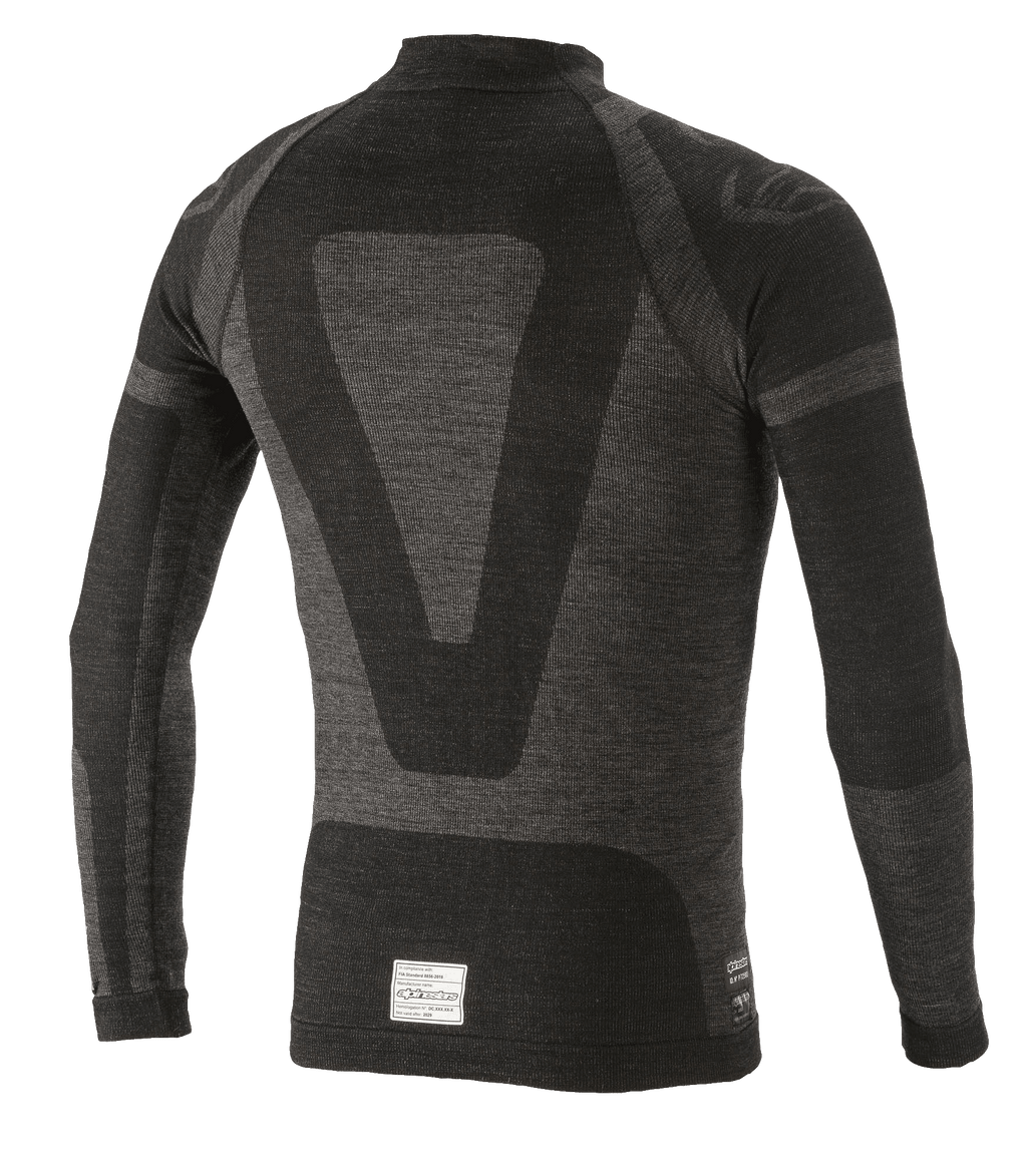 Alpinestars ZX Evo V2 Langarm-Oberteil, Auto-Rennsport-Base-Layer, Schwarz und Grau, Rückansicht mit technischem Jacquard-Design, nahtloser röhrenförmiger Konstruktion und FIA/SFI-Zertifizierungsetikett am Saum
