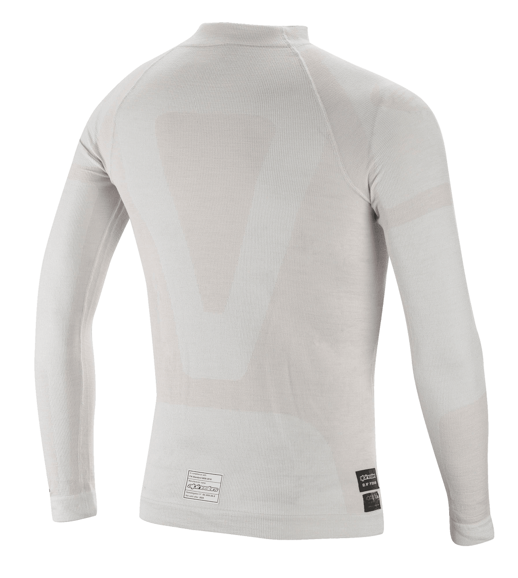 Alpinestars ZX Evo V2 Langarm-Oberteil, Auto-Rennsport-Unterwäsche, Weiß-Grau, Rückansicht mit leichter nahtloser röhrenförmiger Konstruktion und FIA-Zertifizierungsetiketten am unteren Saum