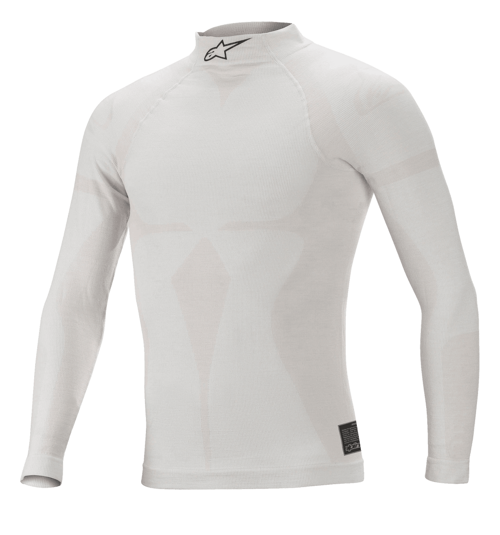 Alpinestars ZX Evo V2 Langarm-Oberteil, Weiß-Grau, feuerbeständige Auto-Rennsport-Basisschicht, Hochkragen mit schwarzem Astars-Logo, nahtlose Konstruktion mit Jacquard-Motiv, leichte und enganliegende Performance-Unterwäsche