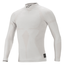 Alpinestars ZX Evo V2 Langarm-Oberteil, Weiß-Grau, feuerbeständige Auto-Rennsport-Basisschicht, Hochkragen mit schwarzem Astars-Logo, nahtlose Konstruktion mit Jacquard-Motiv, leichte und enganliegende Performance-Unterwäsche