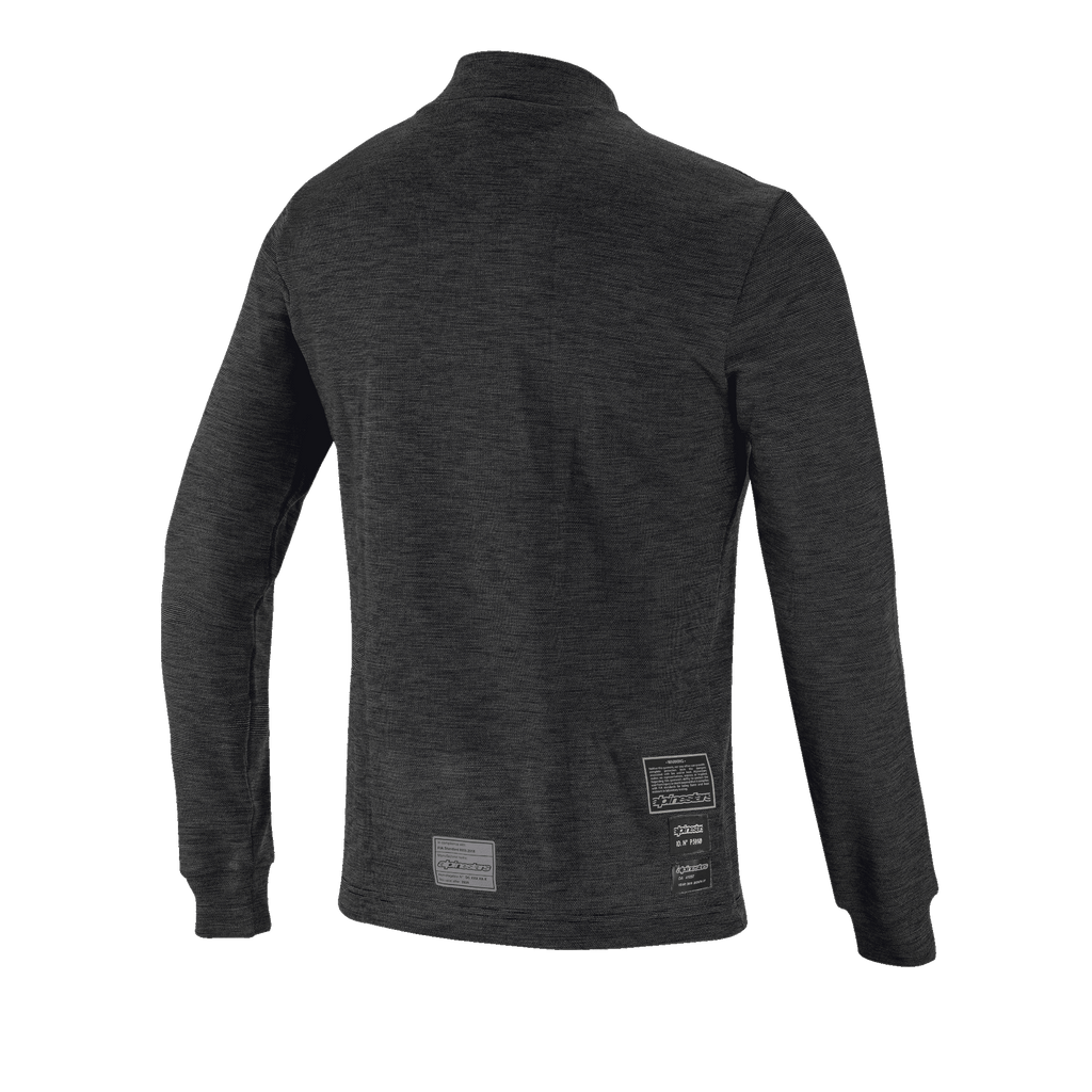 Alpinestars Race V3 Langarm-Oberteil, Rückansicht, schwarze feuerfeste Funktionswäsche, strukturiertes Strickdesign, lange Ärmel mit Rippbündchen, FIA-Homologationsetiketten am unteren Rücken