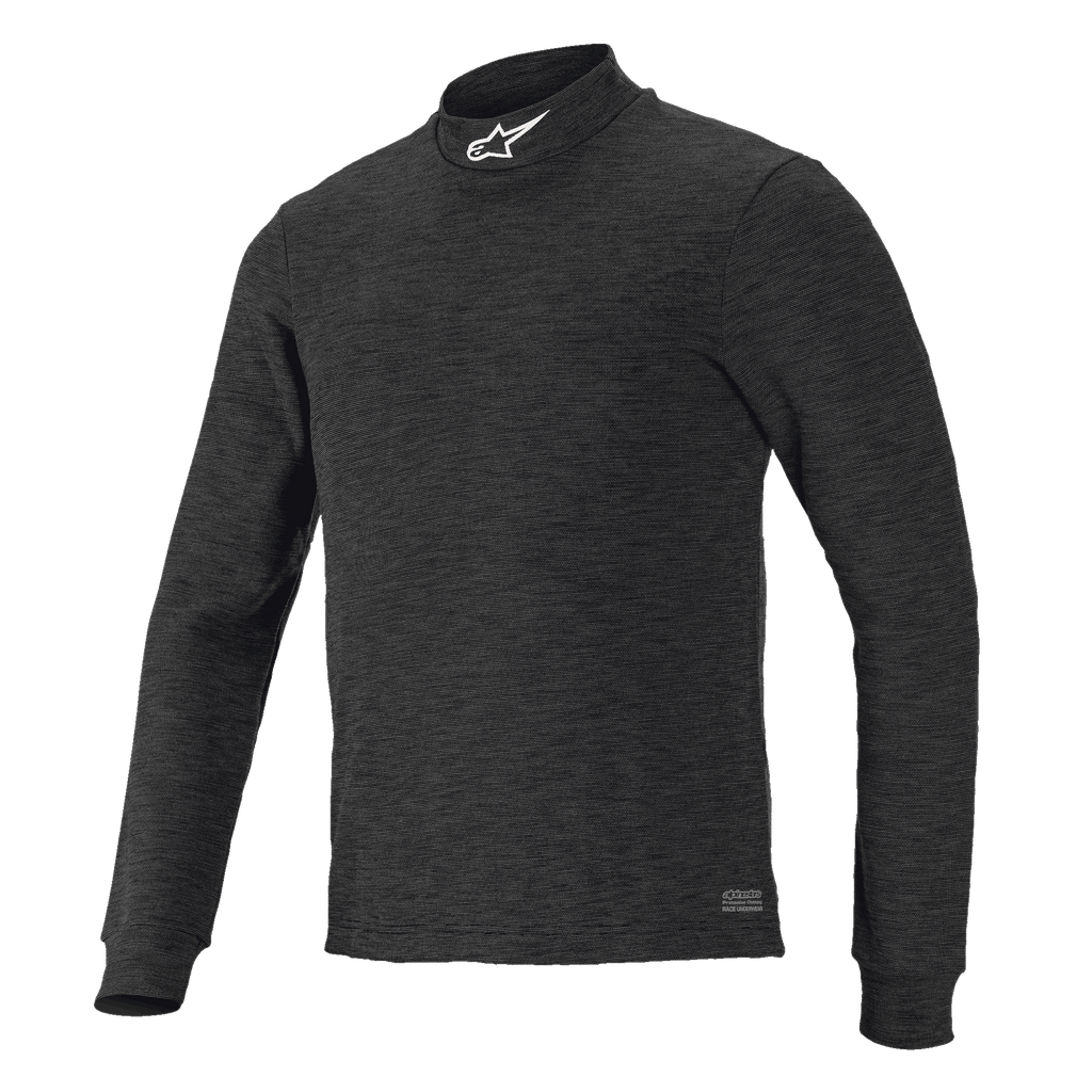 Alpinestars Race V3 Langarm-Oberteil, schwarze strukturierte Funktionsunterwäsche, hoher Stehkragen mit weißem Logo, körpernahe Passform, flammhemmende Motorsport-Funktionsbekleidung