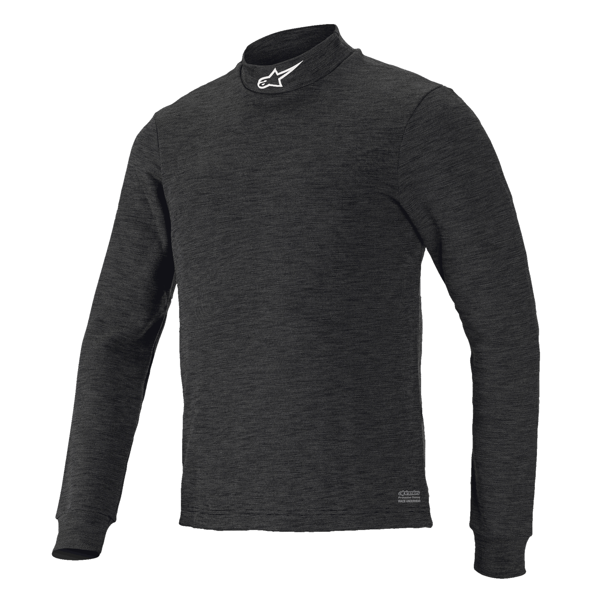 Alpinestars Race V3 Langarm-Oberteil, schwarze strukturierte Funktionsunterwäsche, hoher Stehkragen mit weißem Logo, körpernahe Passform, flammhemmende Motorsport-Funktionsbekleidung