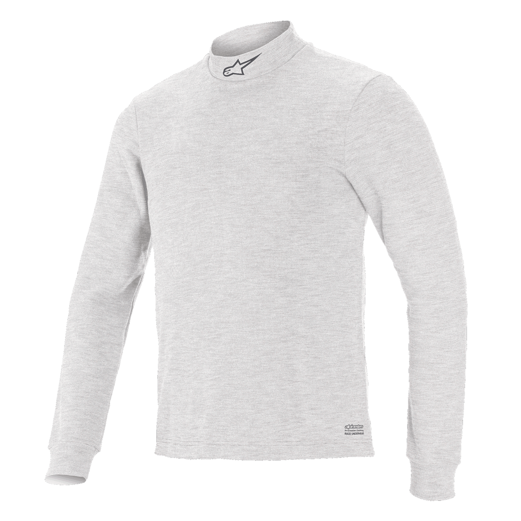 Alpinestars Race V3 Langarm-Oberteil, Auto-Rennsport-Basisschicht, Weiß, Stehkragen mit kleinem Logo, weiches flammhemmendes Material, minimalistisches sportliches Design