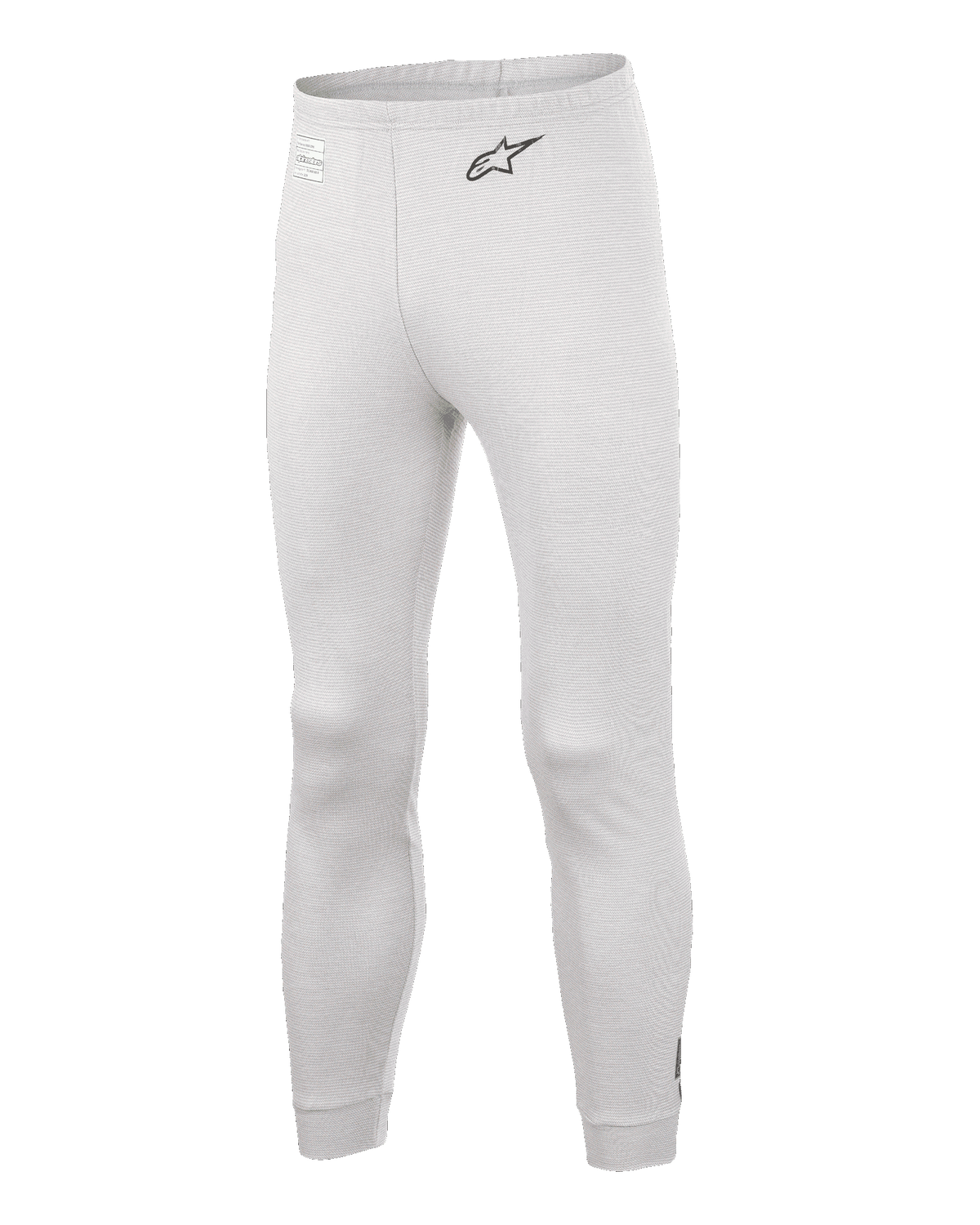 Alpinestars Race V3 Unterteil, Auto-Rennsport-Basisschicht-Hose, Weiß, strukturiertes flammhemmendes Material, schwarzes A-Star-Logo auf der Hüfte, gerippte Knöchelbündchen und Taillenbund, leichte technische Funktionsunterwäsche