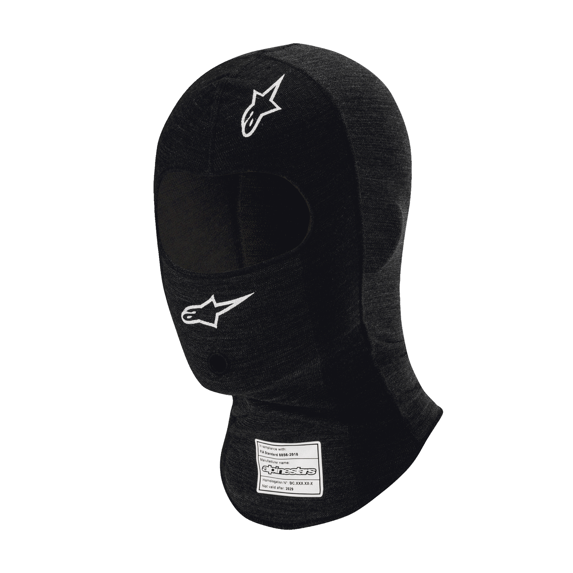 Alpinestars Race V3 Sturmhaube, schwarze feuerfeste Motorsport-Sturmhaube, weiße Stern-Logos auf Stirn und Wange, FIA-Zertifizierungsetikett am Hals, leichtes technisches Funktionsmaterial mit Augenöffnung für Kopfschutz im Motorsport