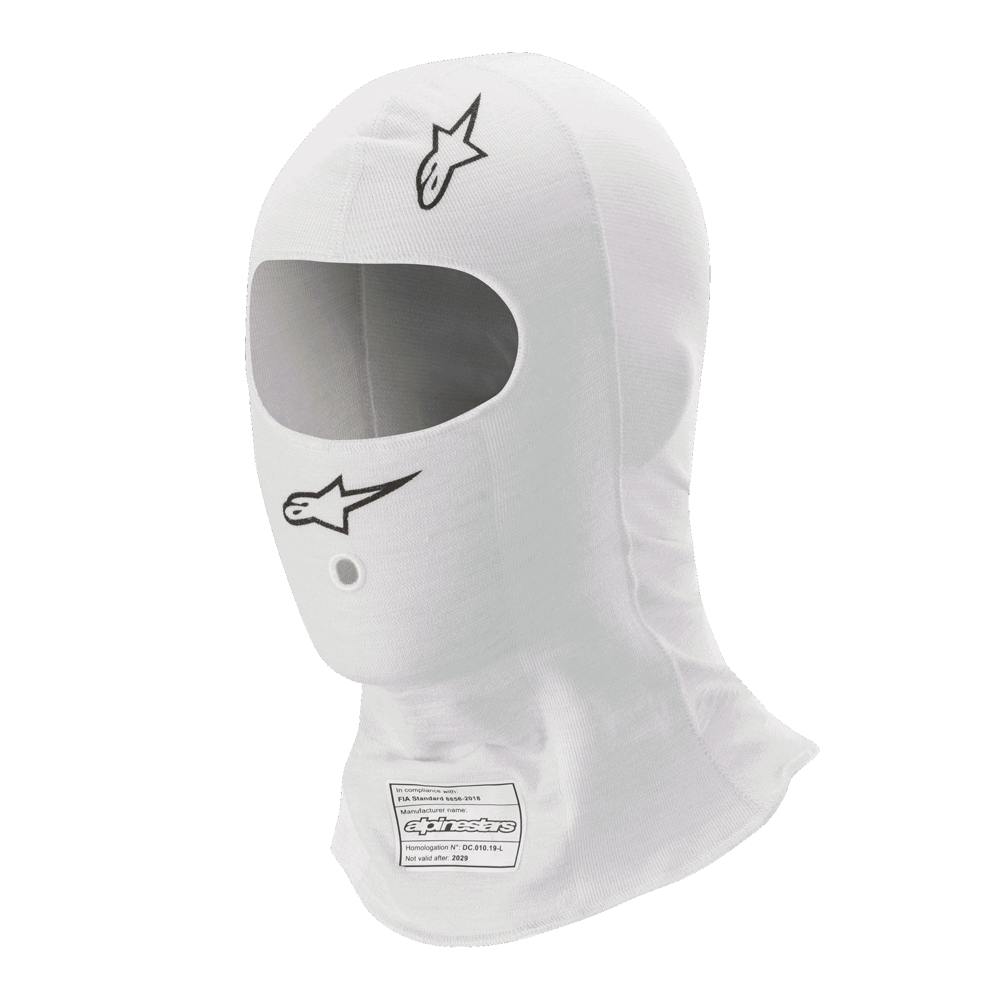 Alpinestars Race V3 Sturmhaube, Weiß, Motorsport-Kopfhaube, mit schwarzen Alpinestars-Logos, großer ovaler Gesichtsöffnung, FIA 8856-2018 Homologationsetikett, leichtes flammhemmendes Material