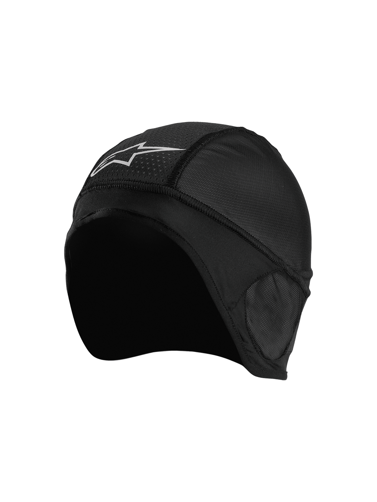 Alpinestars Balaclava Skull Cap, Schwarze Motorrad-Helmunterziehkappe, atmungsaktive Mesh-Einsätze, weißes Stern-Logo, ergonomisches Design mit Flachnähten für optimalen Komfort unter dem Helm