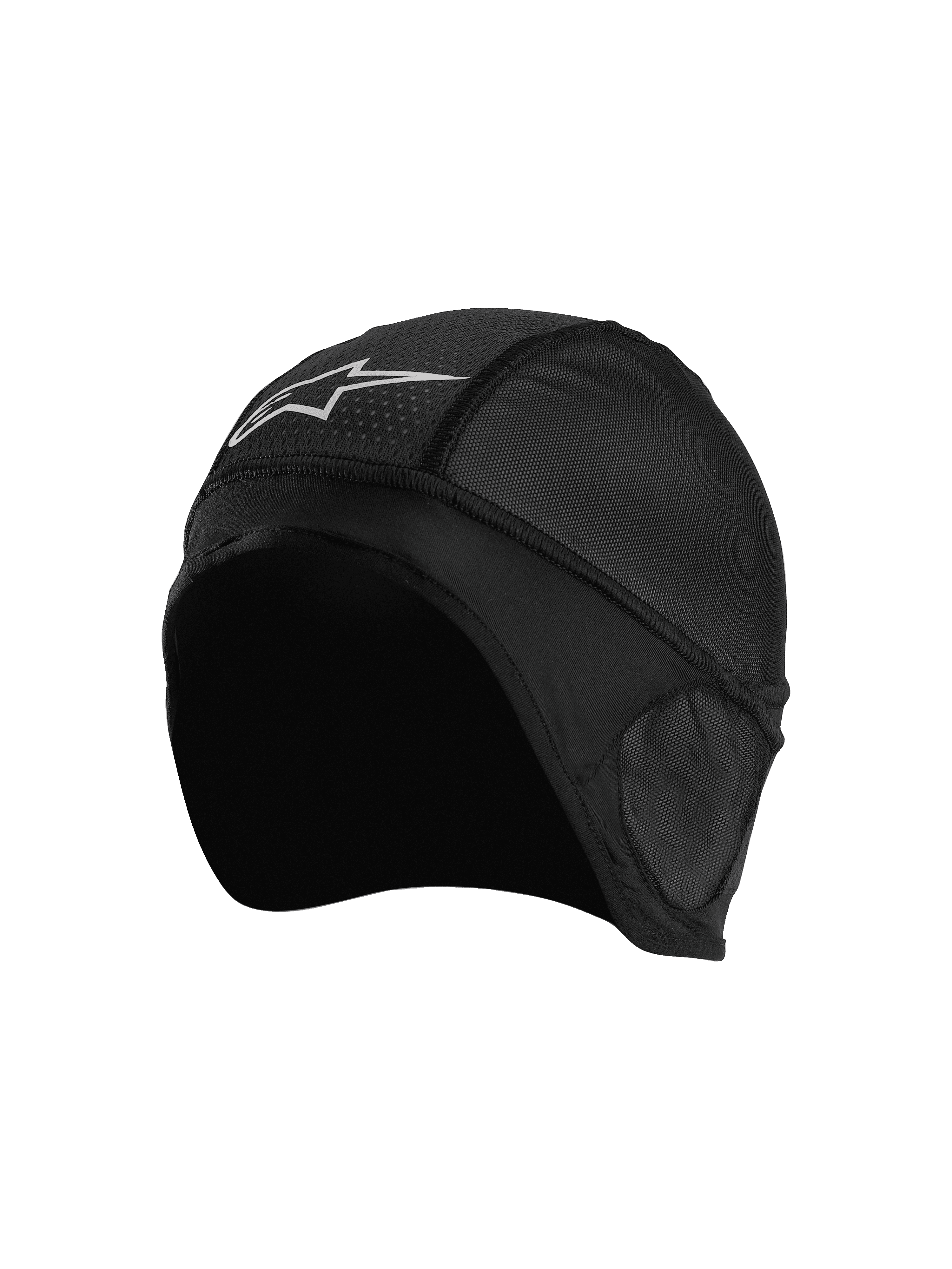 Alpinestars Balaclava Skull Cap, Schwarze Motorrad-Helmunterziehkappe, atmungsaktive Mesh-Einsätze, weißes Stern-Logo, ergonomisches Design mit Flachnähten für optimalen Komfort unter dem Helm