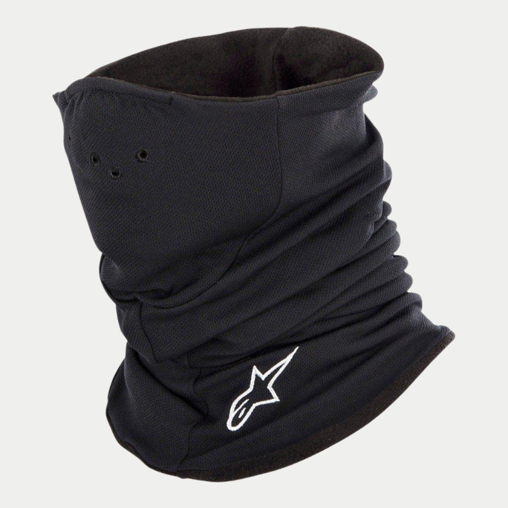 Alpinestars Tech Neck Warmer, Schwarz, Motorrad-Halswärmer mit Fleece-Futter, weiß gesticktes Alpinestars-Logo, kleine Luftlöcher für Atmungsaktivität, elastische Konstruktion für Windschutz