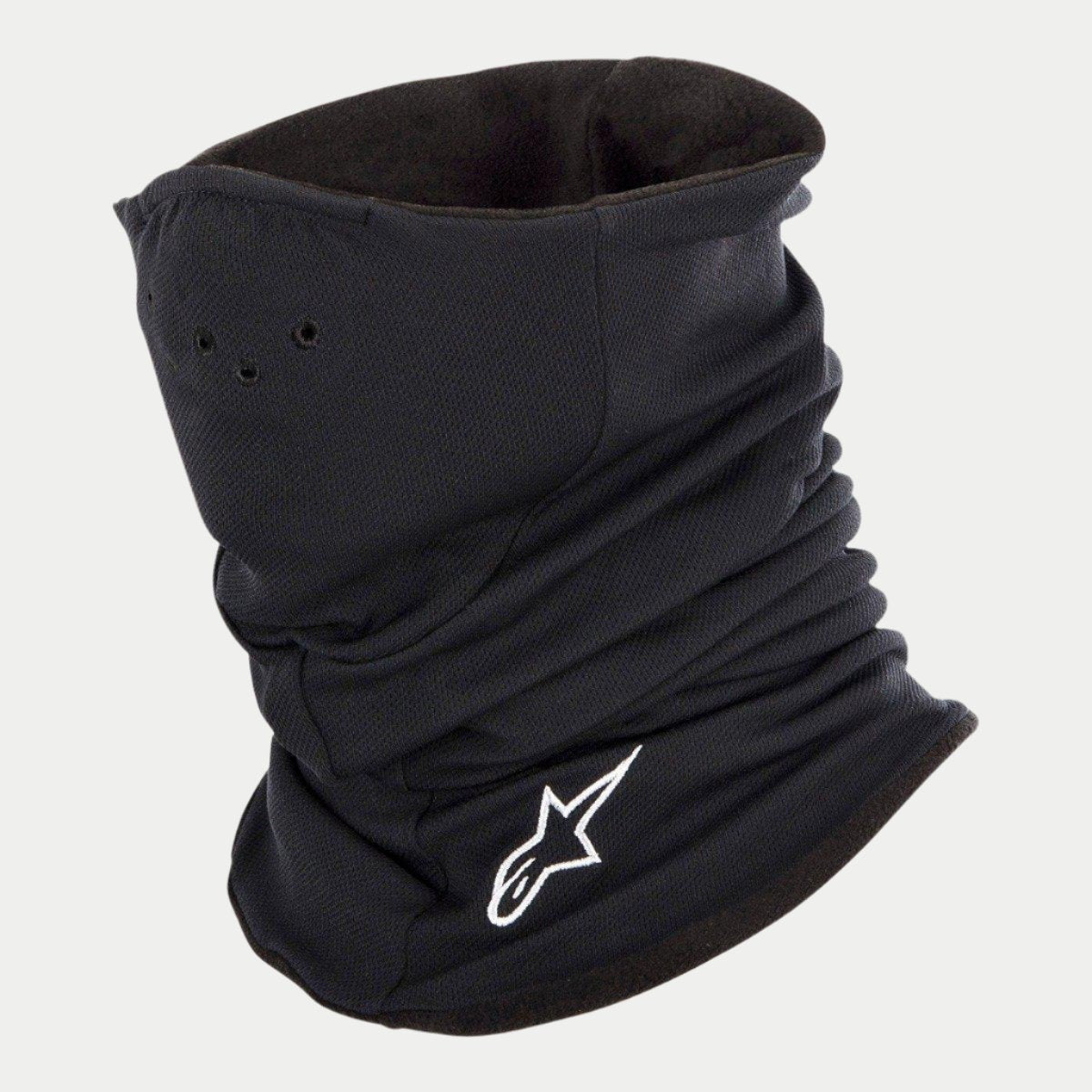 Alpinestars Tech Neck Warmer, Schwarz, Motorrad-Halswärmer mit Fleece-Futter, weiß gesticktes Alpinestars-Logo, kleine Luftlöcher für Atmungsaktivität, elastische Konstruktion für Windschutz