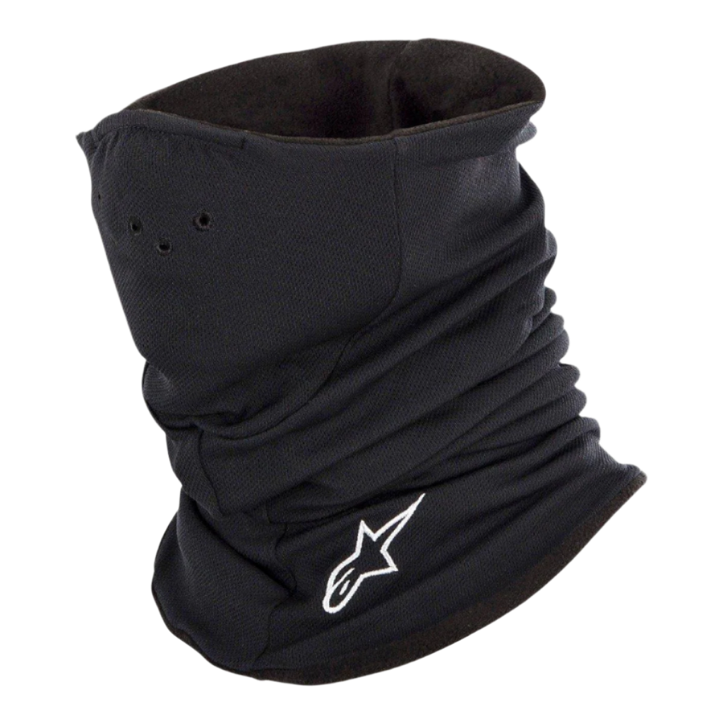 Alpinestars Tech Halswärmer in Schwarz, Motorrad-Halswärmer mit weißem gesticktem Logo, perforierten Belüftungsöffnungen und doppellagigem Fleece-Futter für Wärmeschutz und Schutz vor Windkälte.
