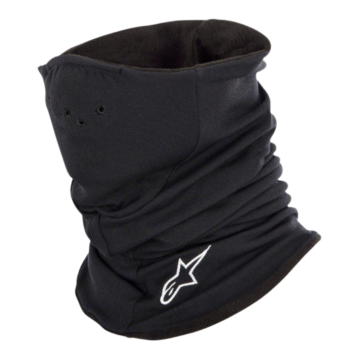 Alpinestars Tech Halswärmer in Schwarz, Motorrad-Halswärmer mit weißem gesticktem Logo, perforierten Belüftungsöffnungen und doppellagigem Fleece-Futter für Wärmeschutz und Schutz vor Windkälte.