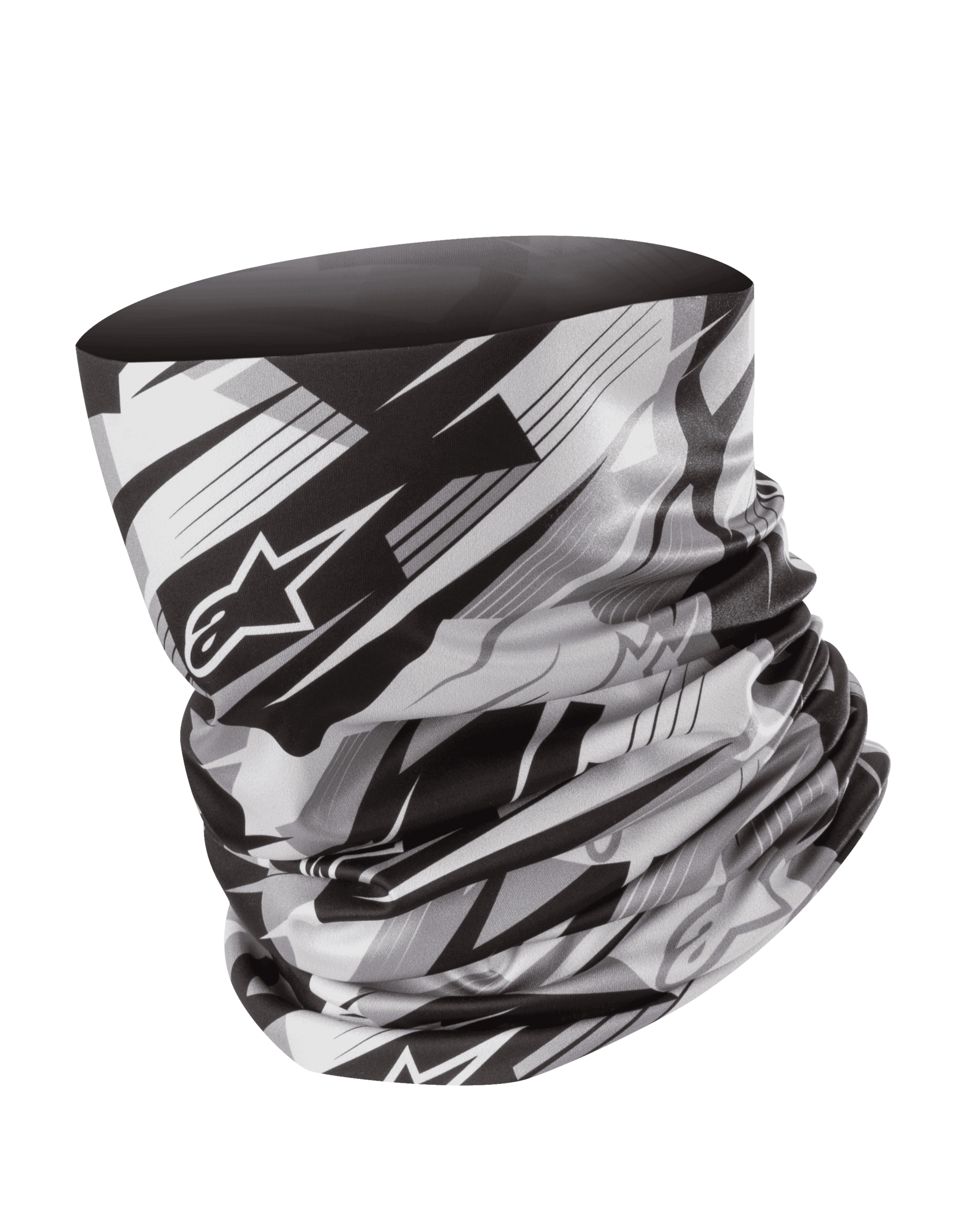 Alpinestars Neck Tube, Motorrad-Halstuch, Schwarz und Grau, verschwommenes geometrisches Muster mit Alpinestars Stern-Logo, leichtes, seidiges Material, nahtloser Base Layer für Windschutz