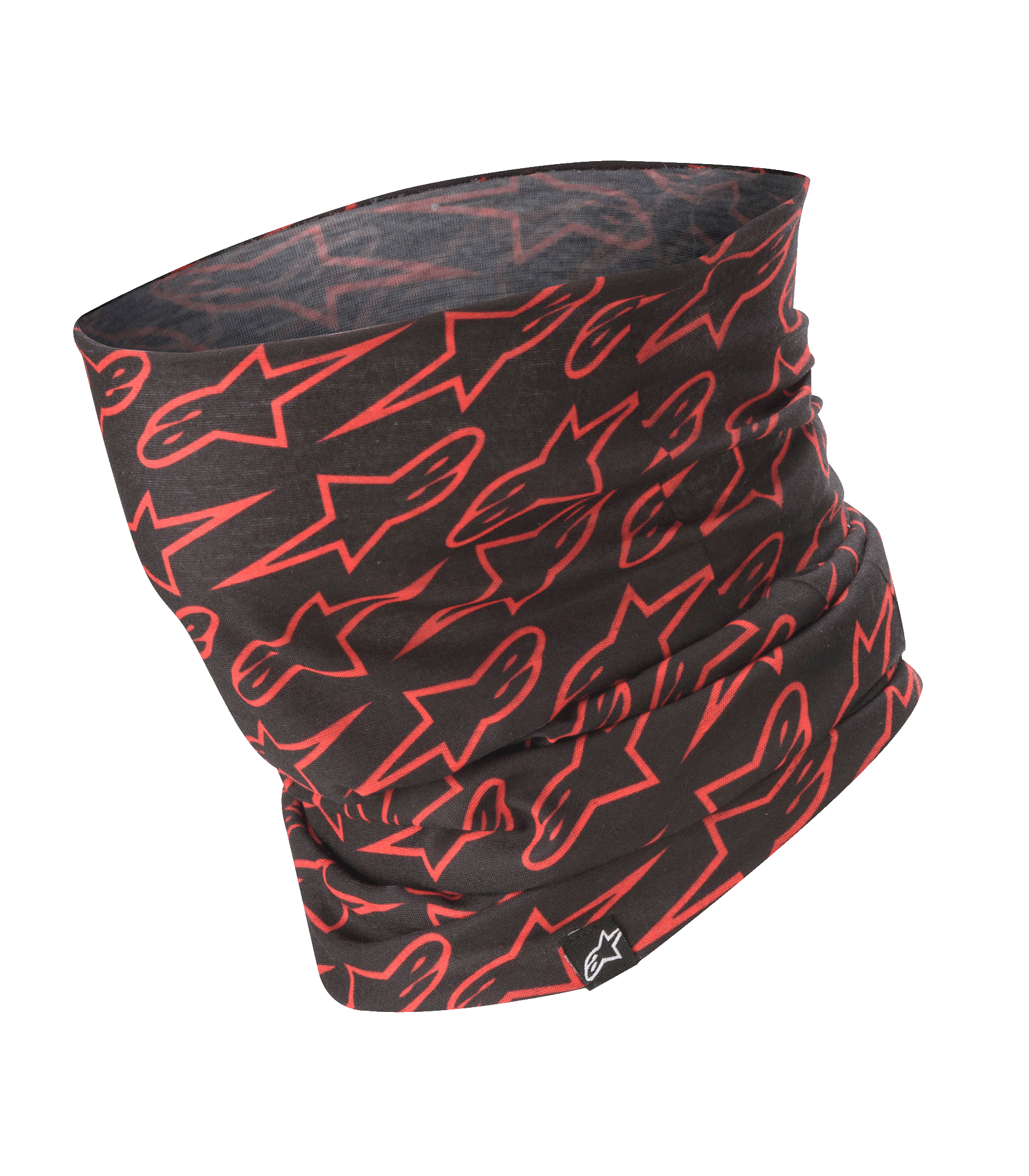 Alpinestars Neck Tube, Motorrad-Halswärmer, Schwarz mit rotem Stern-Logo-Muster, leichter seidiger Stoff, Base-Layer-Accessoire für das Motorradfahren