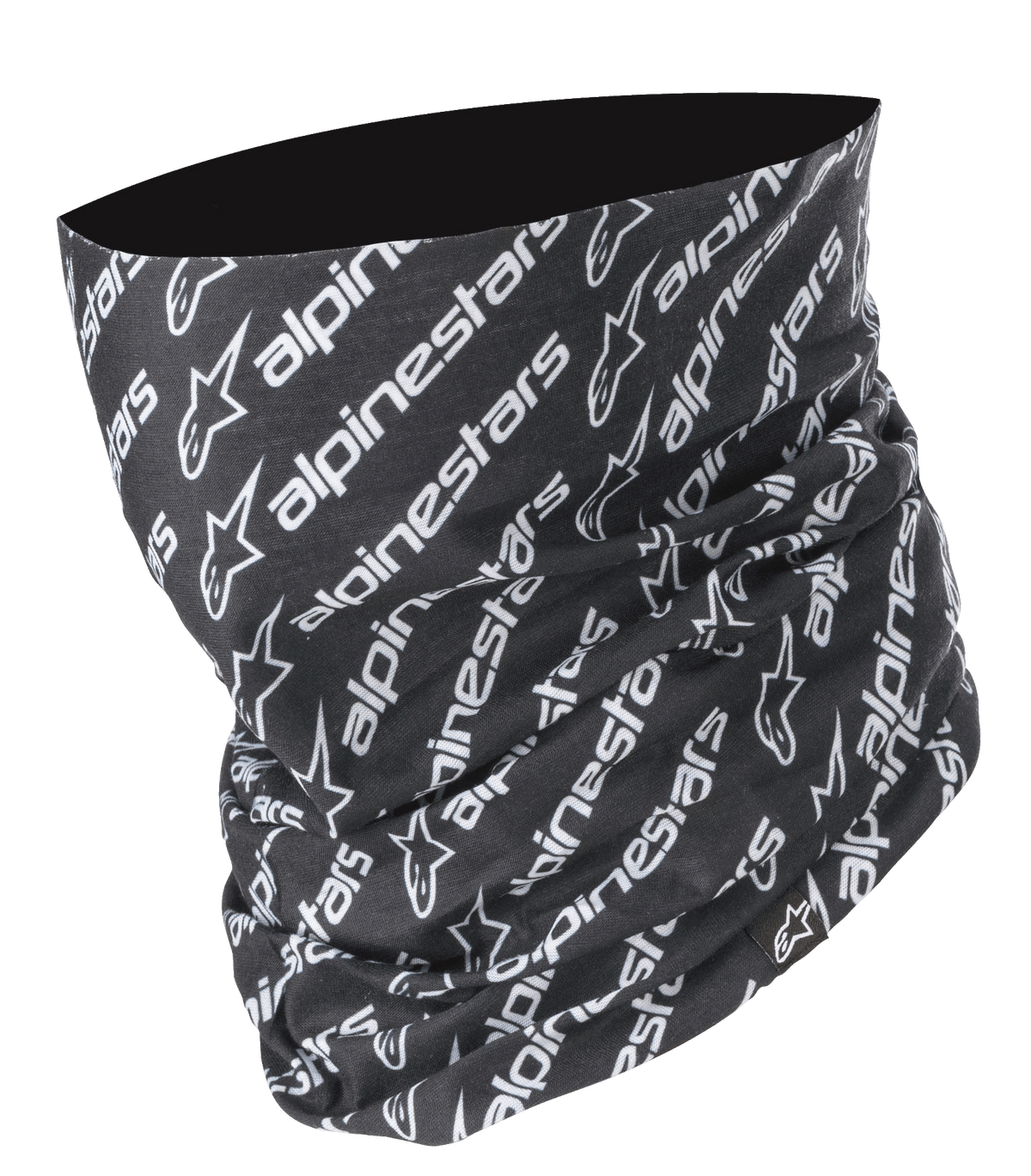 Alpinestars Linear Neck Tube, Motorcycle neck gaiter, Black and White, repeated diagonal Alpinestars logo and text pattern, seamless microfiber construction, lightweight base layer for road riding