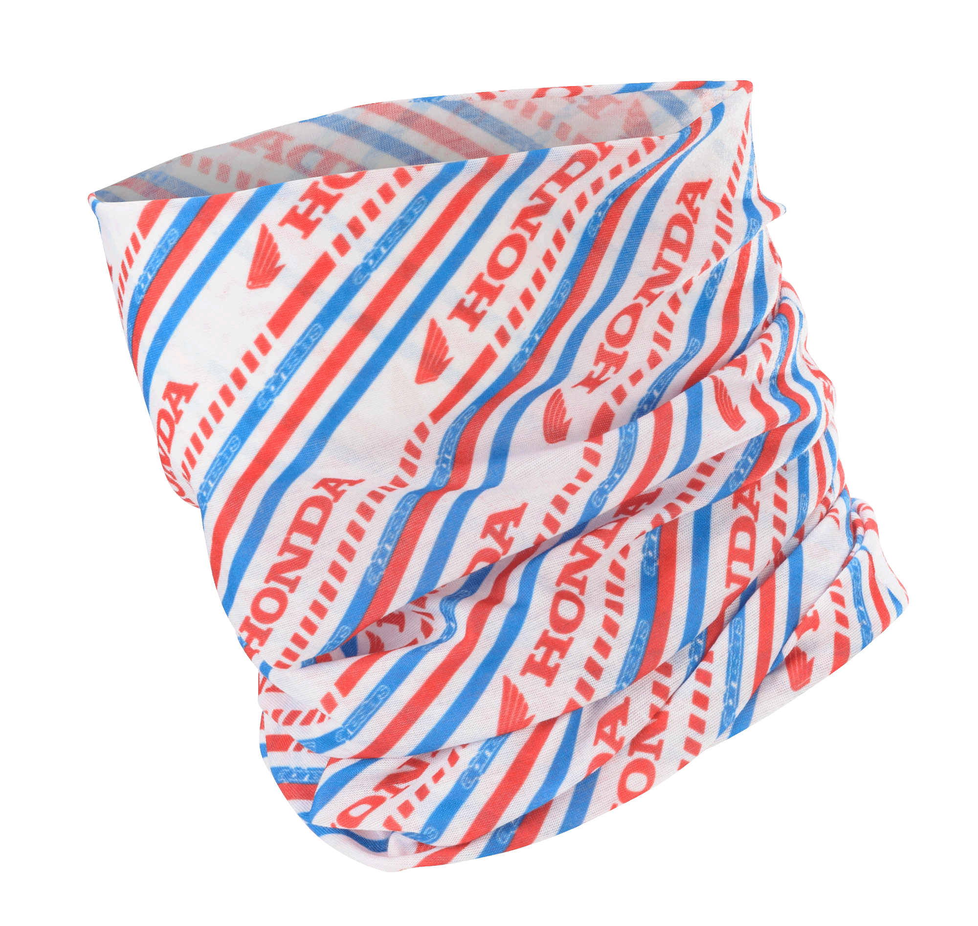 Alpinestars Honda Neck Tube, Motorcycle Neck Gaiter, White Red and Blue, featuring diagonal stripes with Honda and Alpinestars logos, lightweight silky fabric for spring and summer riding
