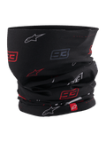 Alpinestars MM93 Neck Tube, Motorrad-Schlauchschal, Schwarz mit rotem und weißem Marc Márquez 93- und Stern-Logo-Muster, leichtes elastisches Material, mit kleinem rotem Alpinestars-Markenetikett.